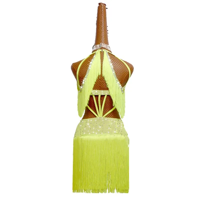 # L674 Beautiful Fluorescent Yellow Fringe Dance Competition Dress-Cha Cha- Rumba-  Dance Costume