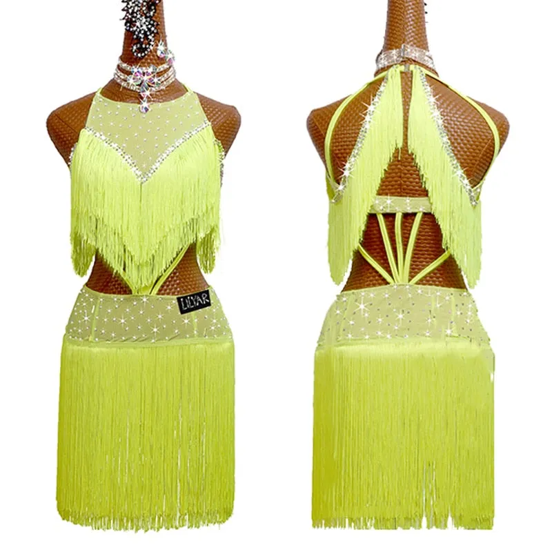 # L674 Beautiful Fluorescent Yellow Fringe Dance Competition Dress-Cha Cha- Rumba-  Dance Costume