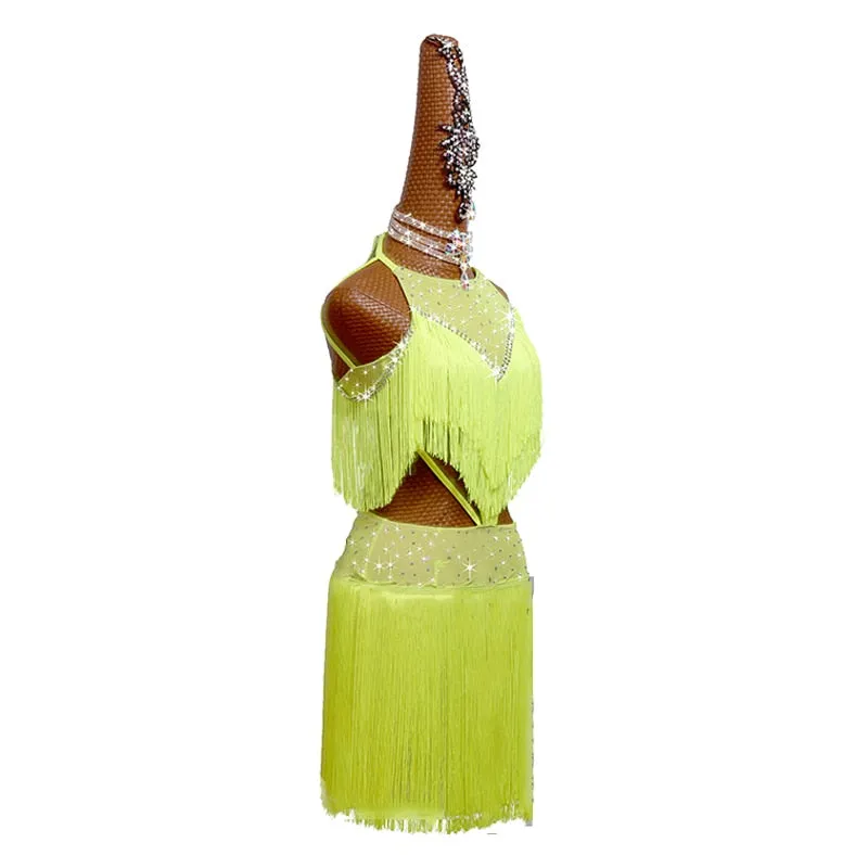 # L674 Beautiful Fluorescent Yellow Fringe Dance Competition Dress-Cha Cha- Rumba-  Dance Costume