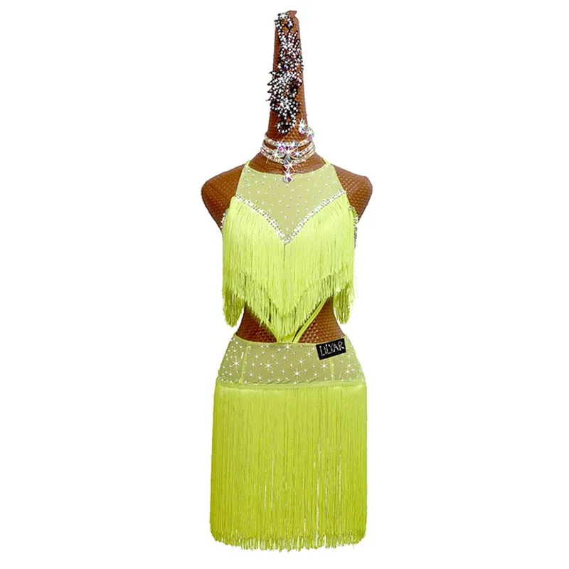 # L674 Beautiful Fluorescent Yellow Fringe Dance Competition Dress-Cha Cha- Rumba-  Dance Costume