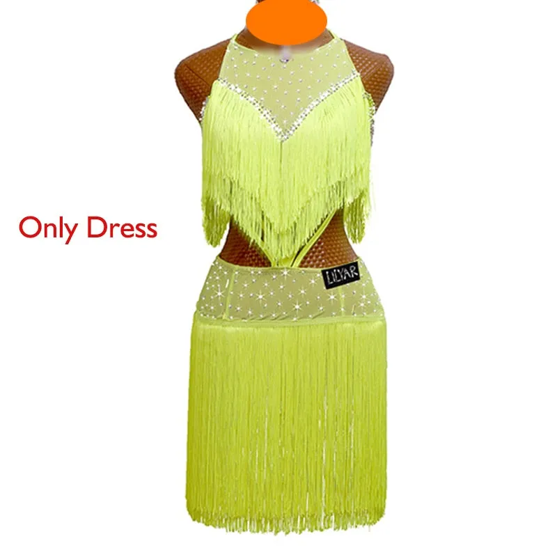 # L674 Beautiful Fluorescent Yellow Fringe Dance Competition Dress-Cha Cha- Rumba-  Dance Costume