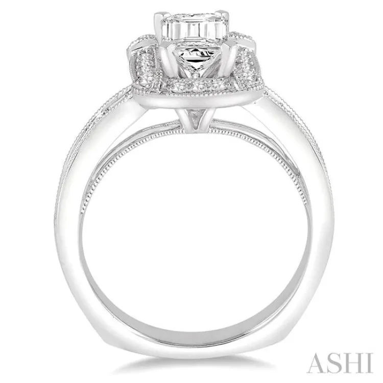 1 1/6 Ctw Diamond Engagement Ring with 5/8 Ct Emerald Cut Center Stone in 14K White Gold