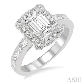 1 1/6 Ctw Diamond Engagement Ring with 5/8 Ct Emerald Cut Center Stone in 14K White Gold