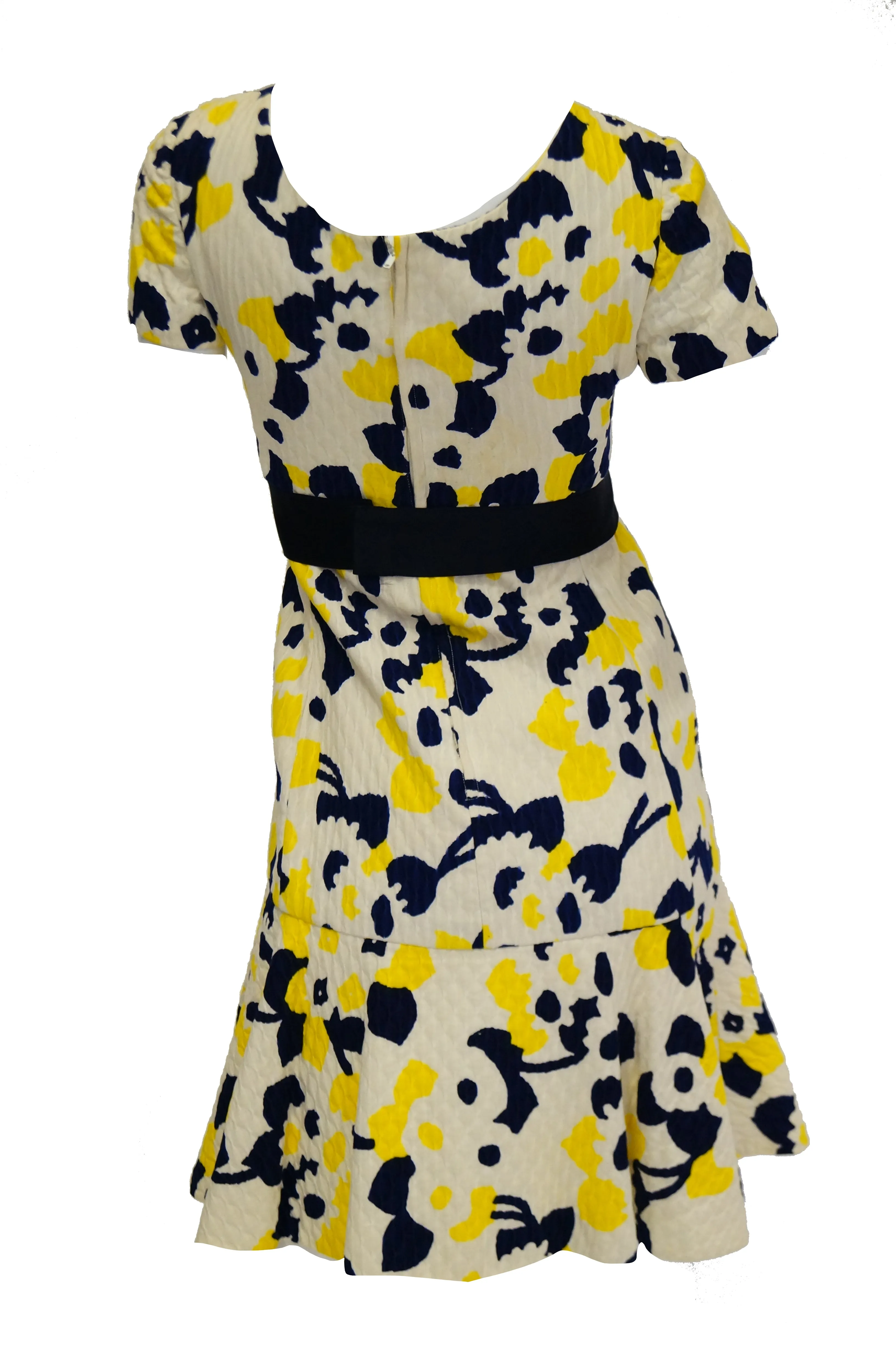 1960s Adele Simpson Blue, Yellow, and White Quilted Floral Dress