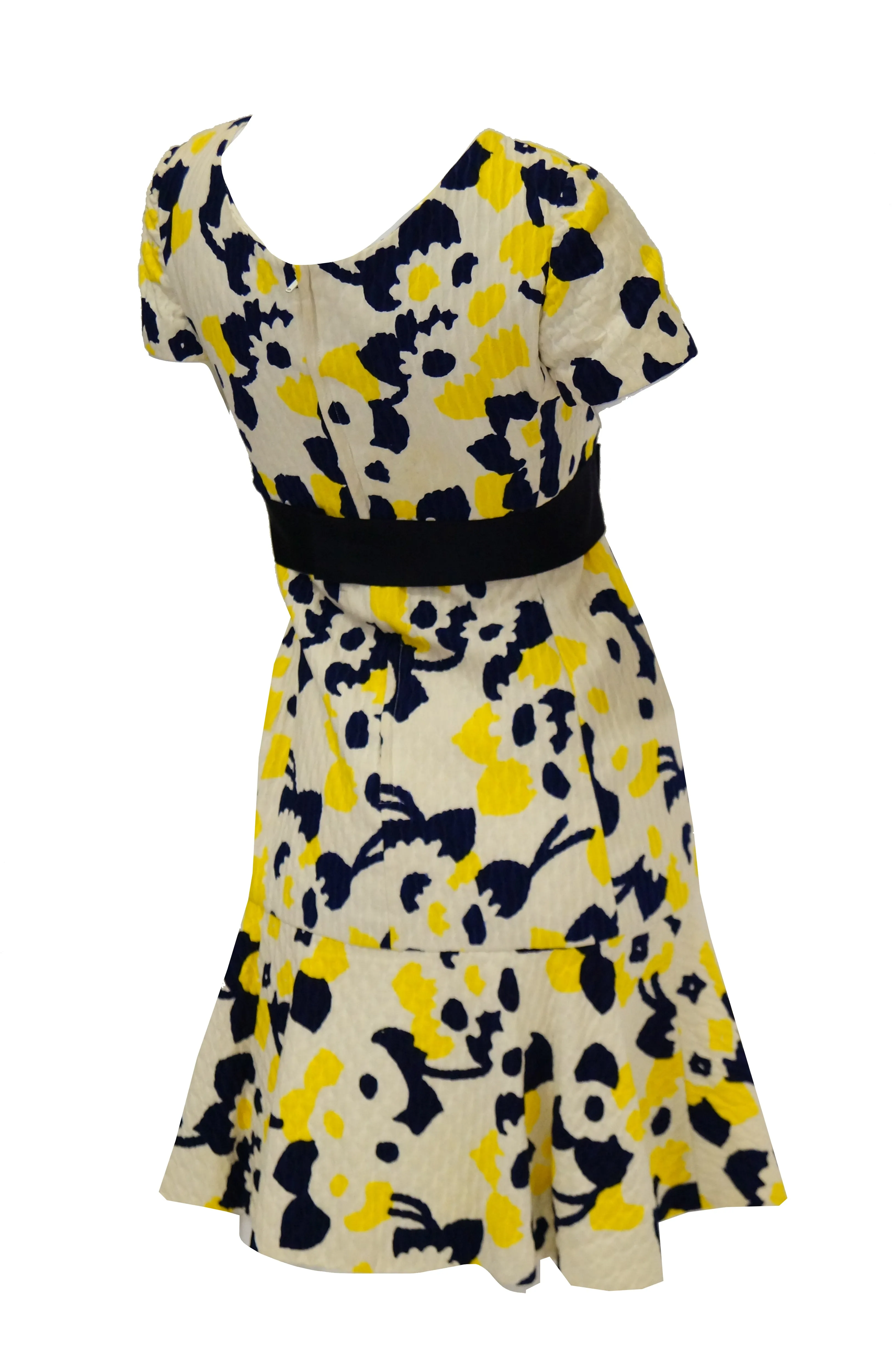 1960s Adele Simpson Blue, Yellow, and White Quilted Floral Dress