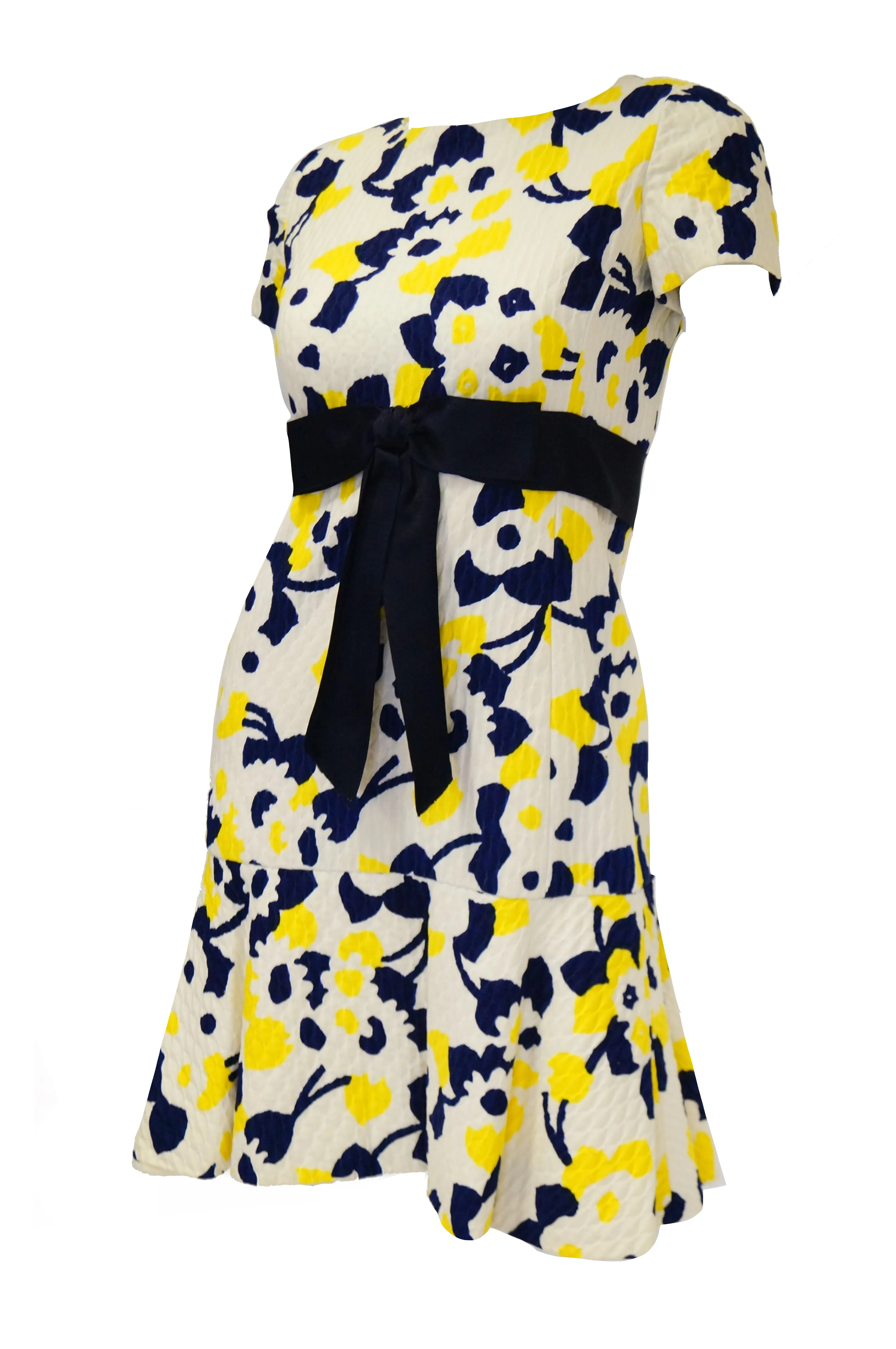 1960s Adele Simpson Blue, Yellow, and White Quilted Floral Dress