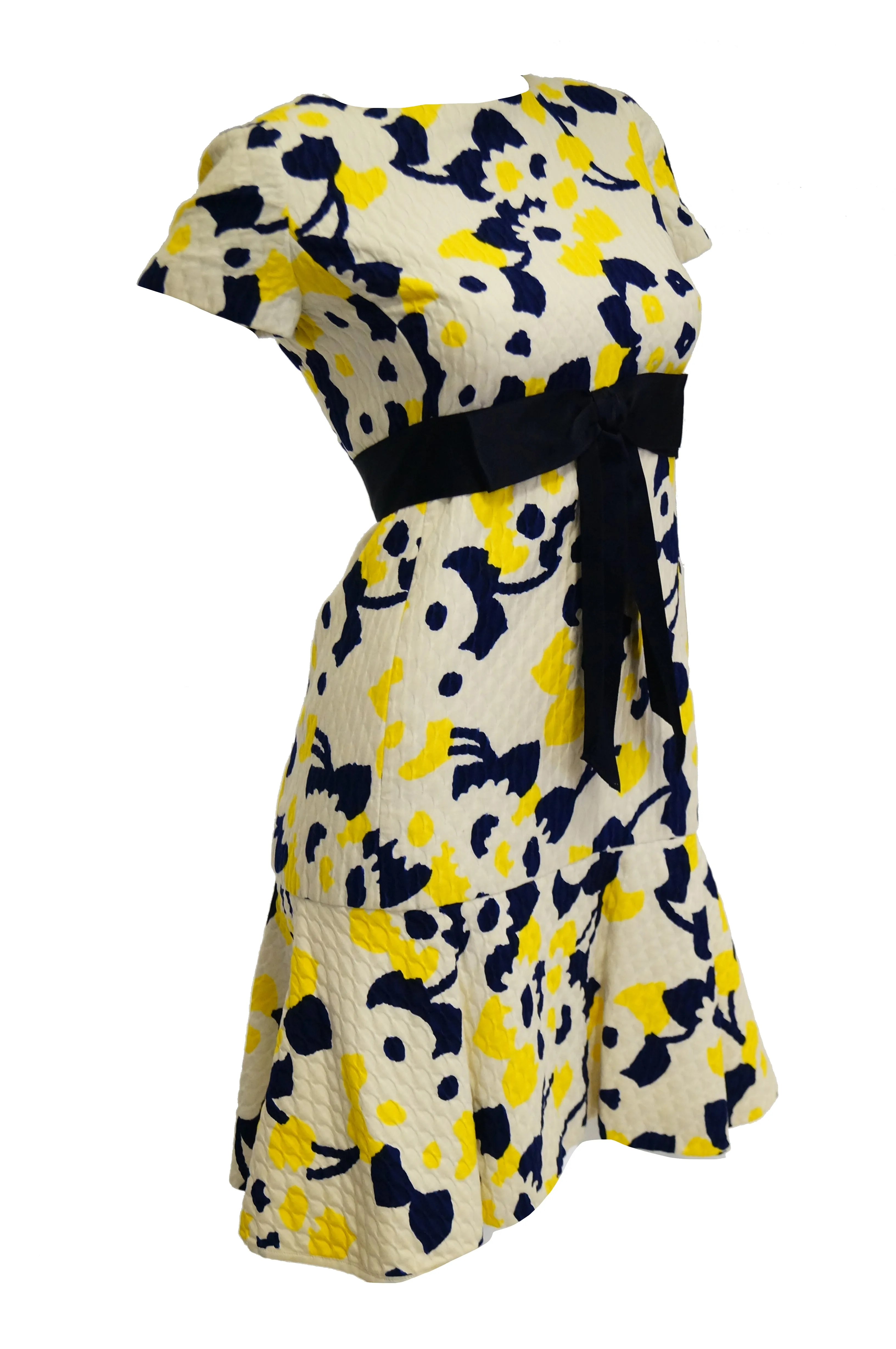 1960s Adele Simpson Blue, Yellow, and White Quilted Floral Dress