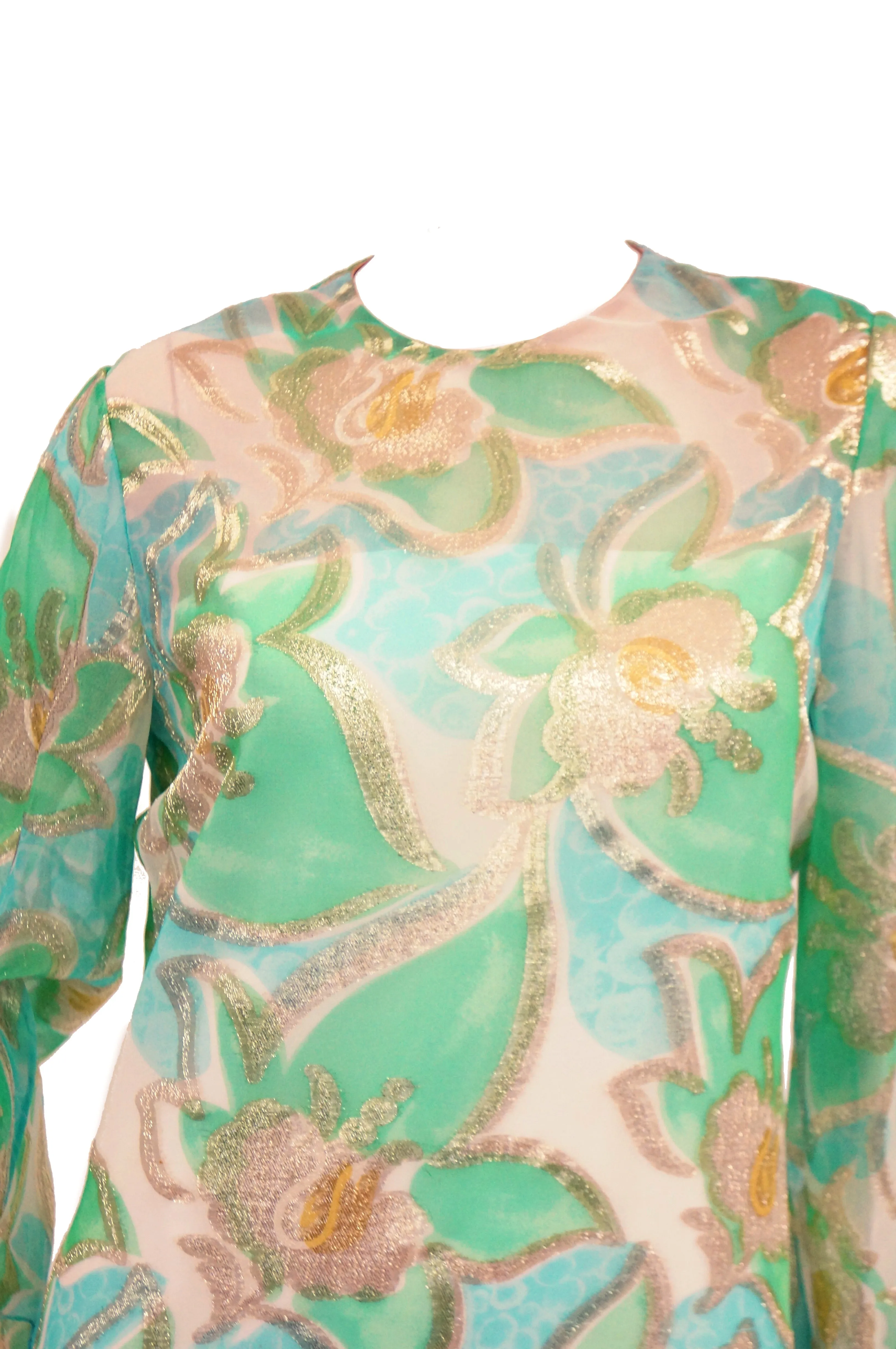 1960s Nat Kaplan Couture Green, Blue, and Gold Kaftan Dress