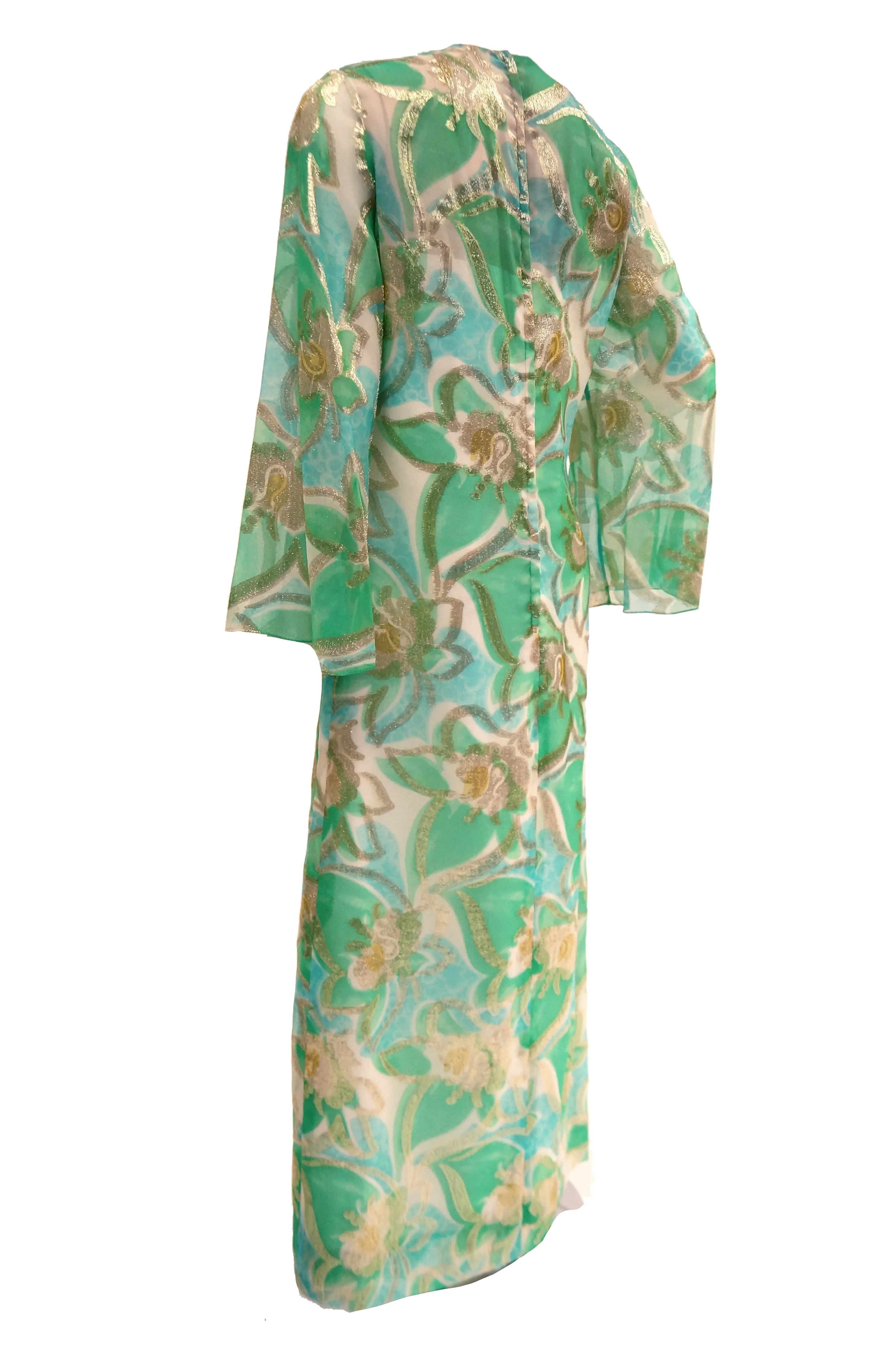 1960s Nat Kaplan Couture Green, Blue, and Gold Kaftan Dress