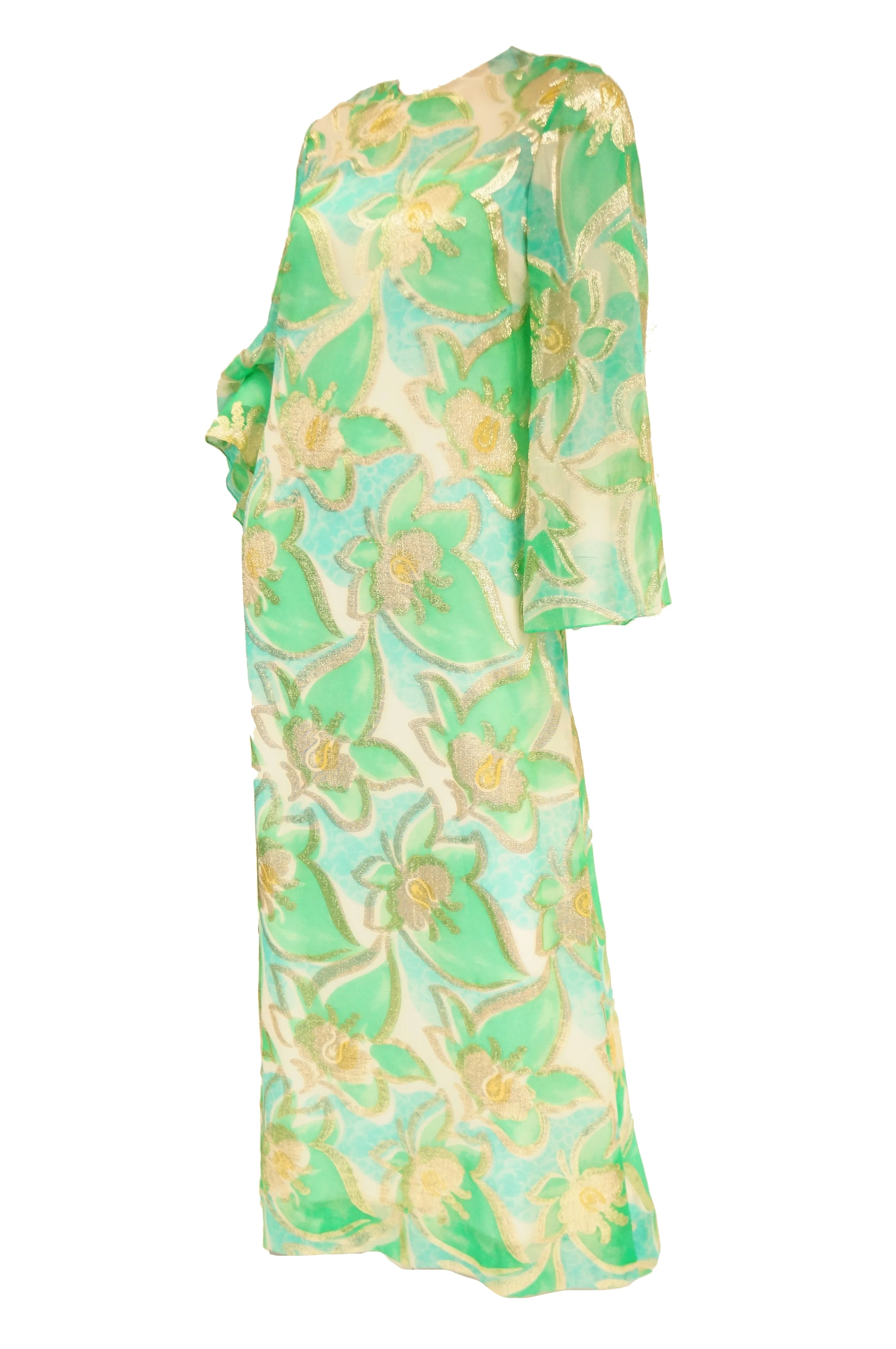 1960s Nat Kaplan Couture Green, Blue, and Gold Kaftan Dress