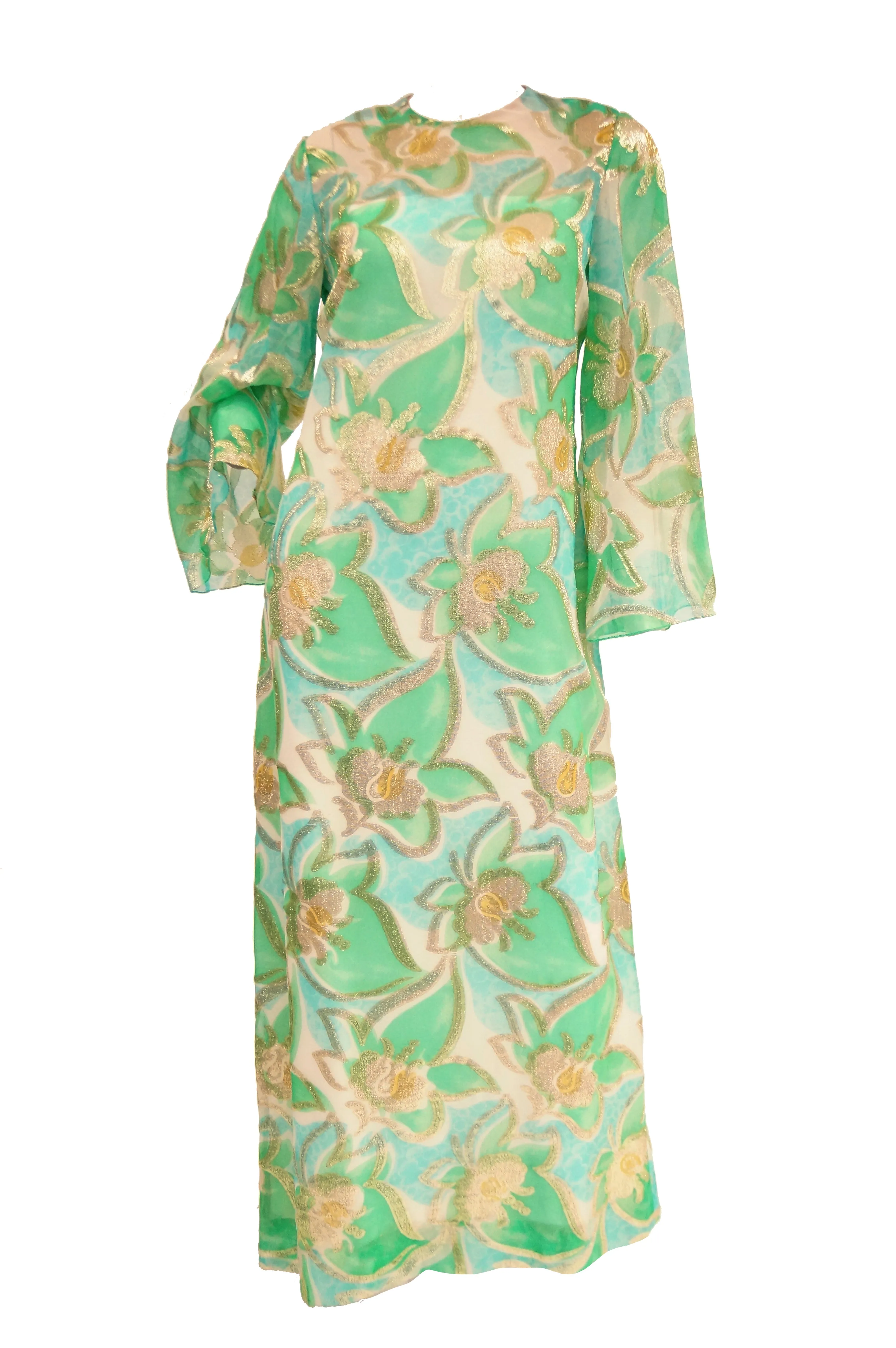 1960s Nat Kaplan Couture Green, Blue, and Gold Kaftan Dress