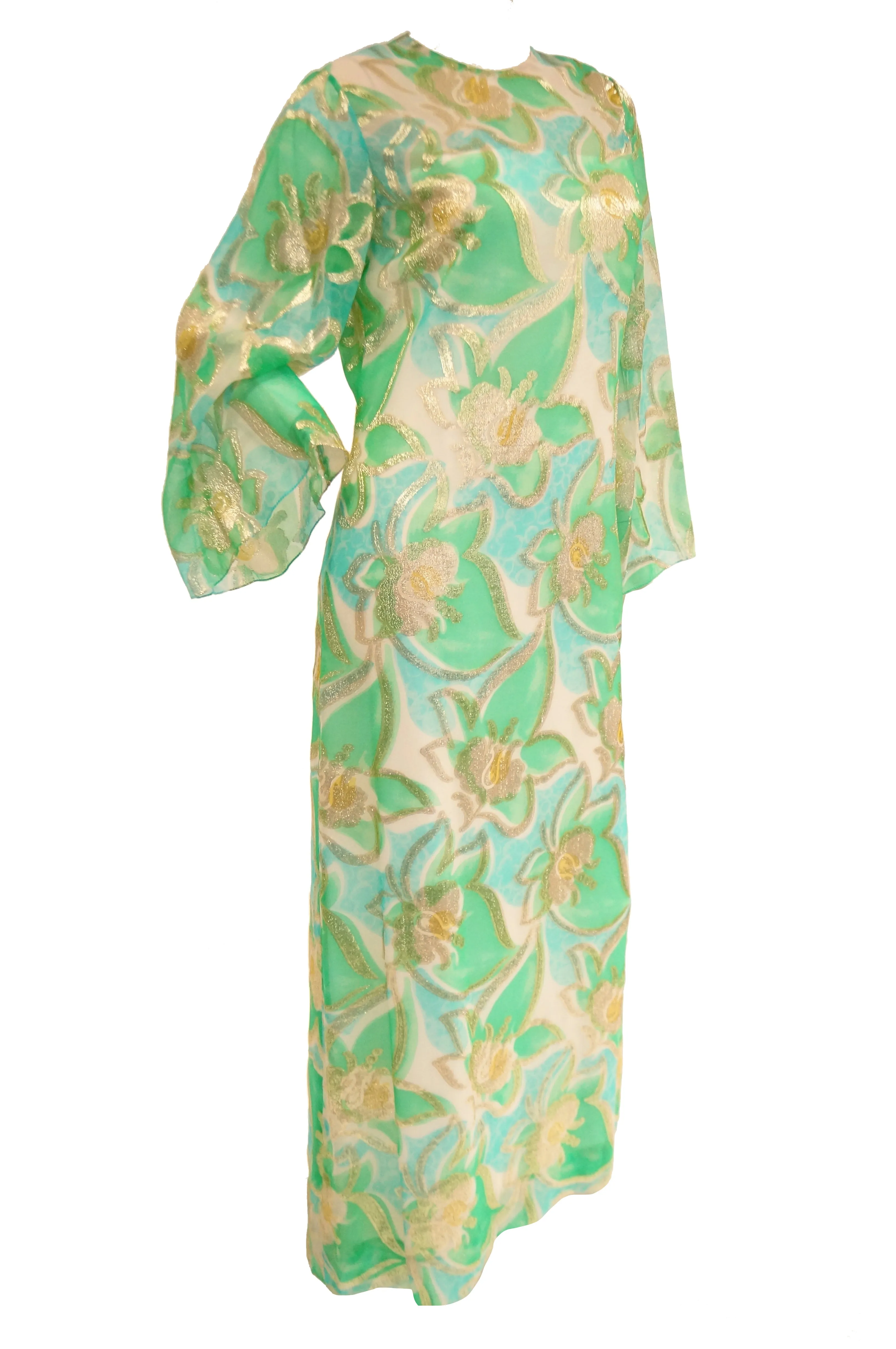 1960s Nat Kaplan Couture Green, Blue, and Gold Kaftan Dress