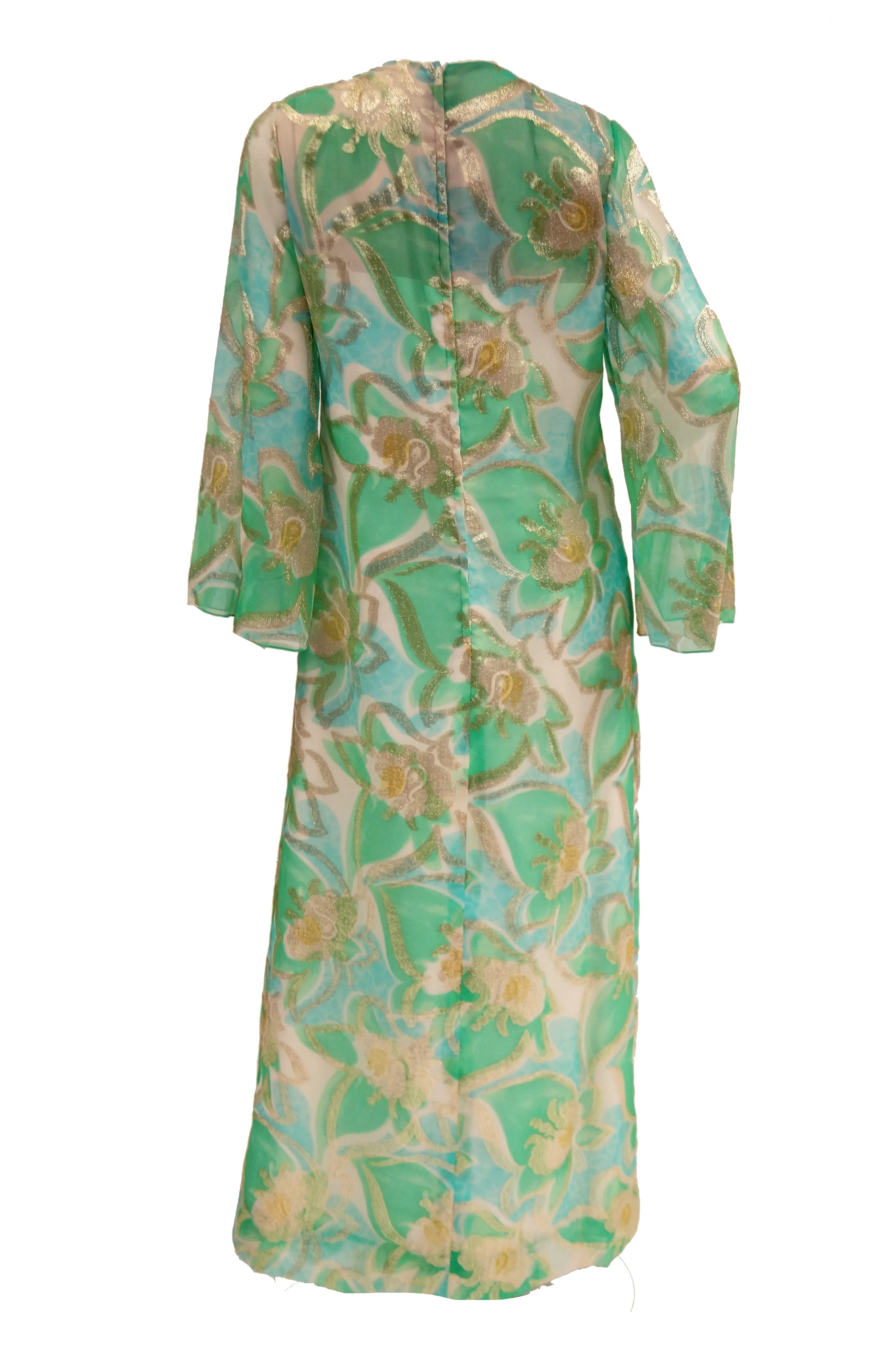 1960s Nat Kaplan Couture Green, Blue, and Gold Kaftan Dress