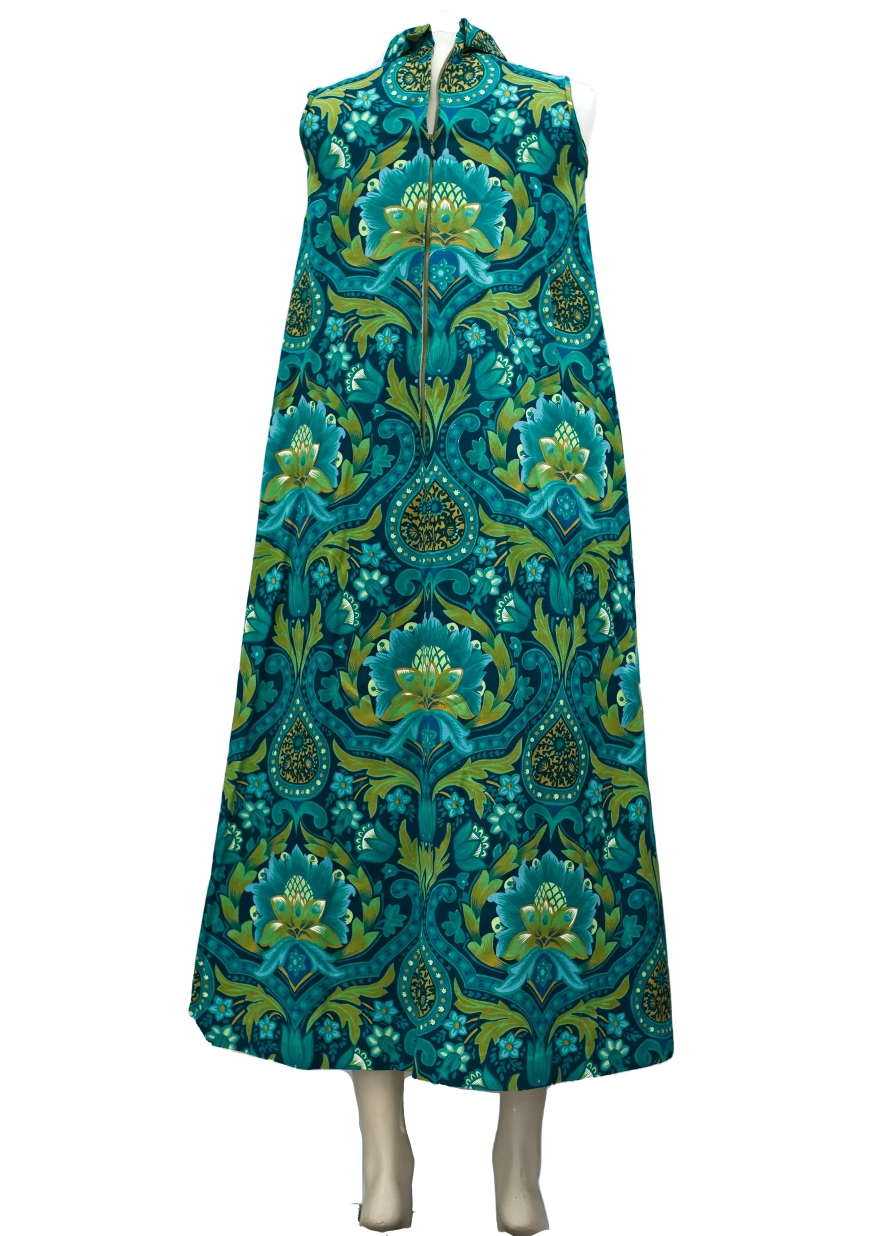 1960s Vintage Green Sleeveless Hostess Maxi Dress • Morris Print