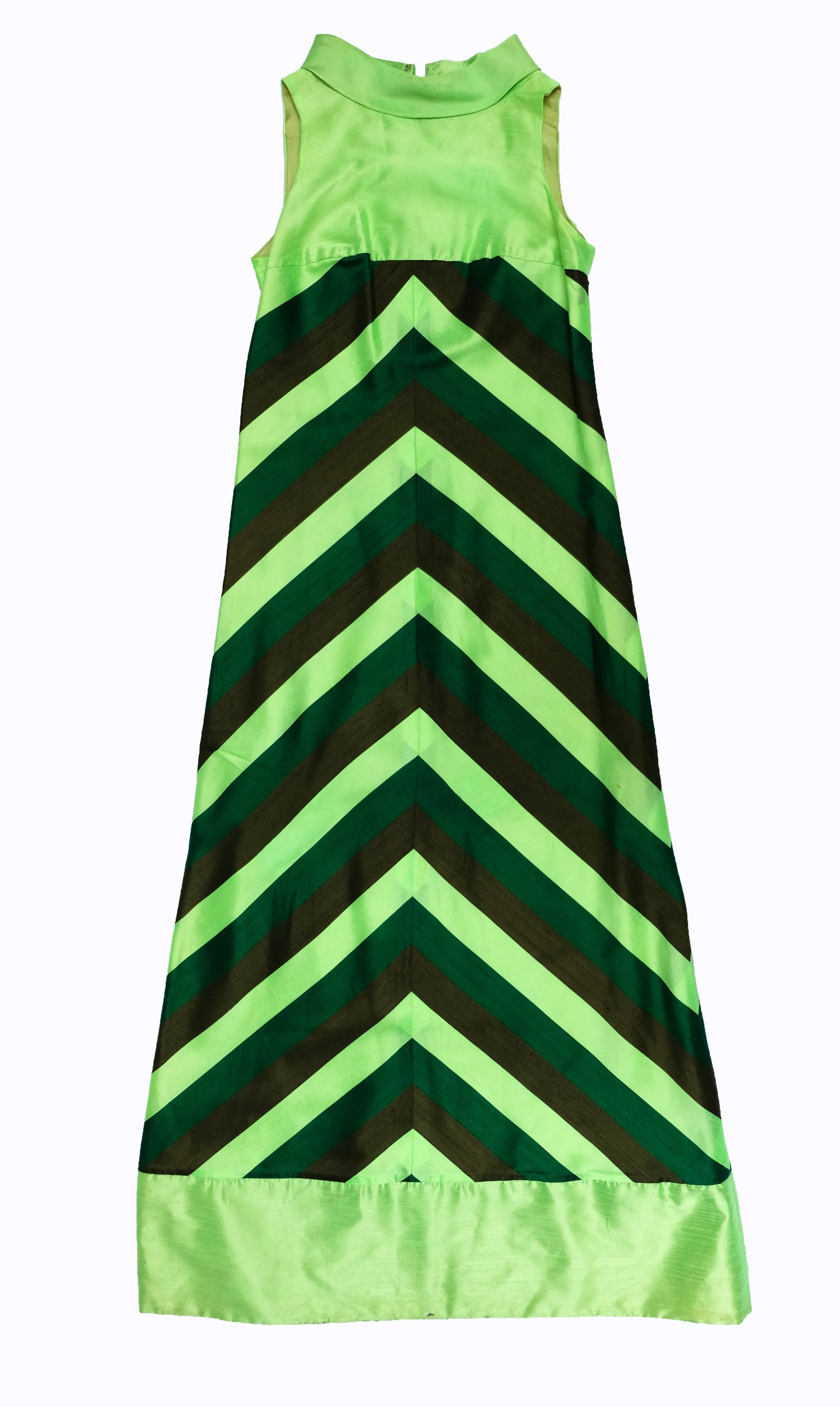 1960s Vintage Handmade Silk Maxi Dress with Diagonal Stripes, UK8