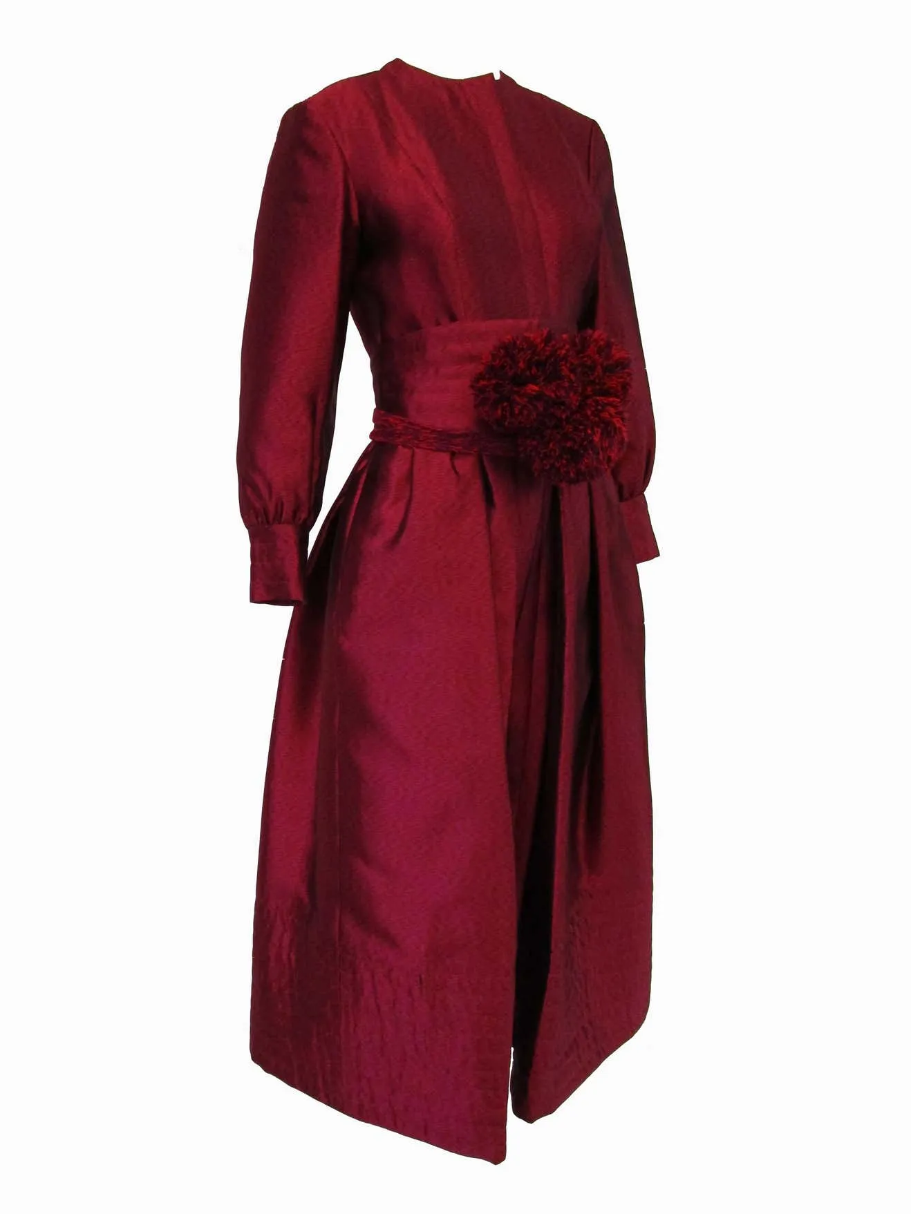 1970s Geoffrey Beene Raspberry Iridescent Silk Evening Dress W/ Pom-pom Belt