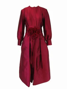 1970s Geoffrey Beene Raspberry Iridescent Silk Evening Dress W/ Pom-pom Belt