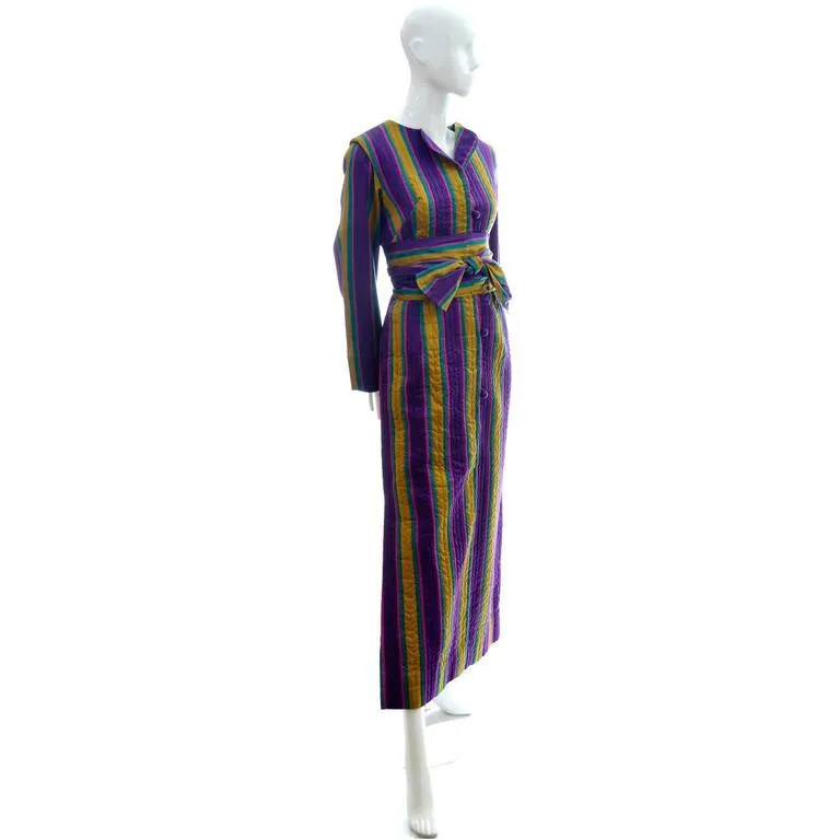 1970's Quilted Silk Vintage Caftan w/ Purple & Gold Stripes & Sash