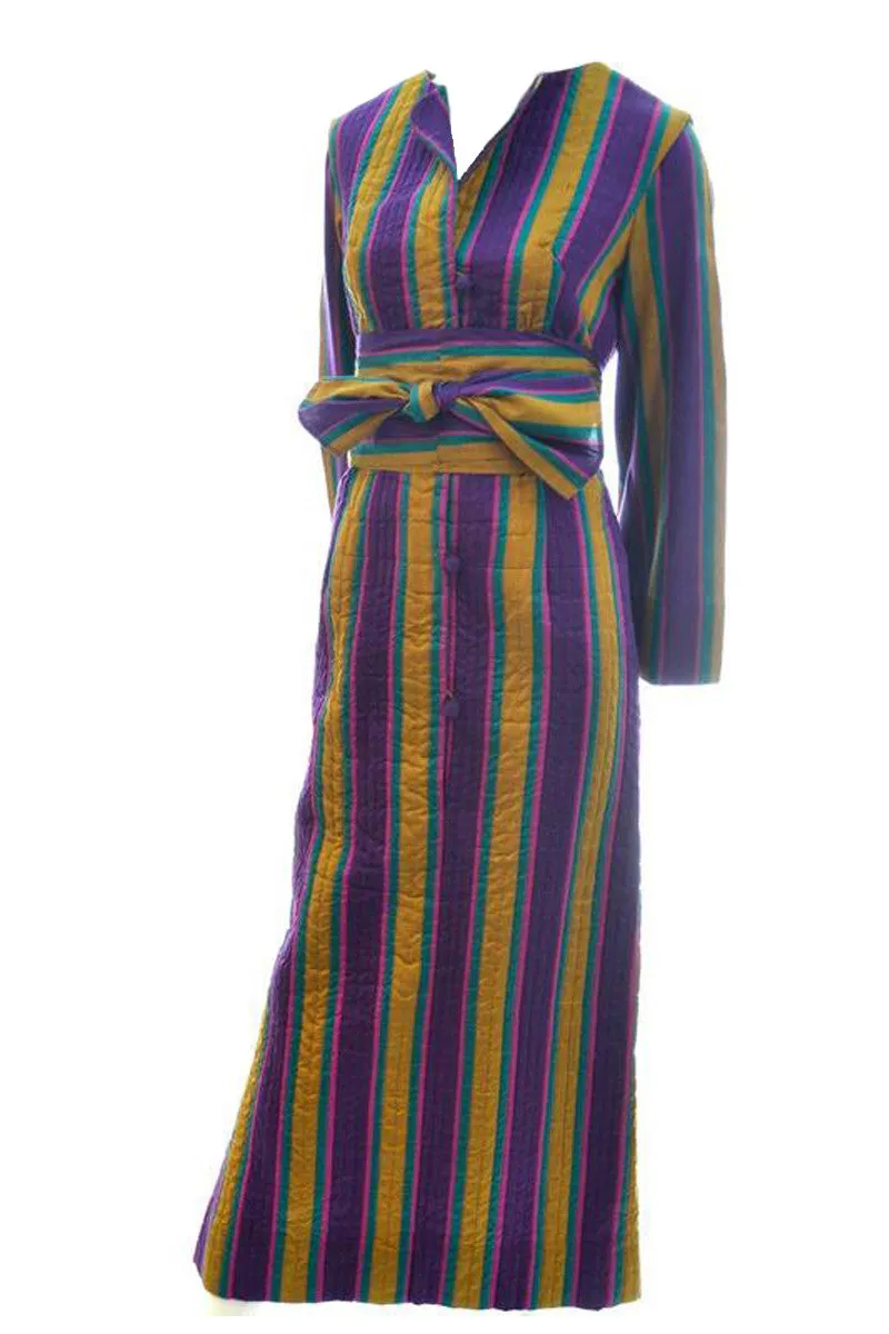 1970's Quilted Silk Vintage Caftan w/ Purple & Gold Stripes & Sash