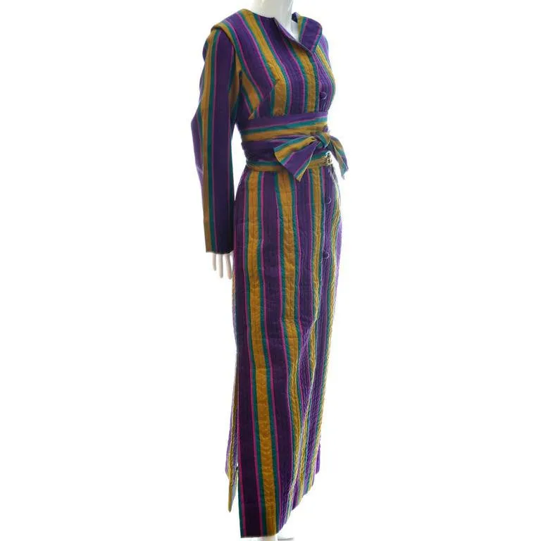 1970's Quilted Silk Vintage Caftan w/ Purple & Gold Stripes & Sash