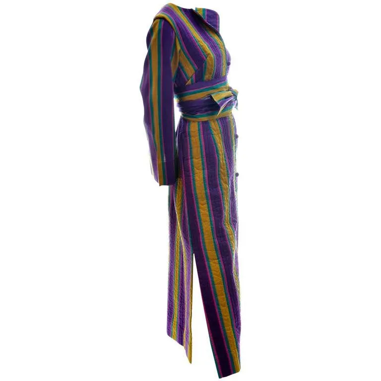 1970's Quilted Silk Vintage Caftan w/ Purple & Gold Stripes & Sash