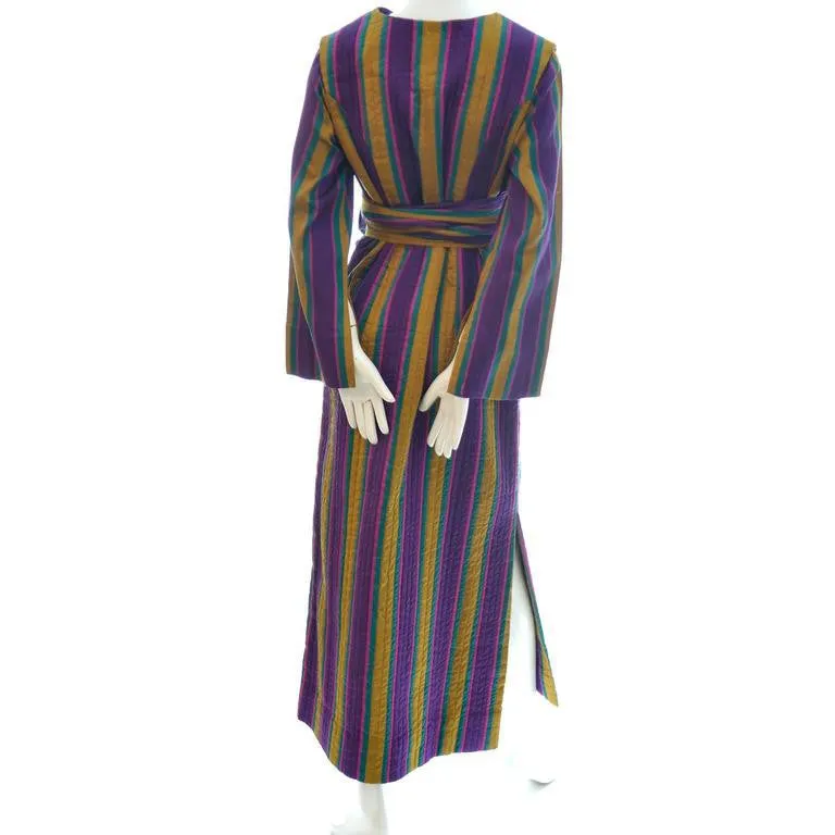 1970's Quilted Silk Vintage Caftan w/ Purple & Gold Stripes & Sash