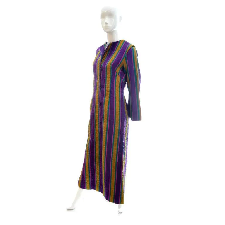 1970's Quilted Silk Vintage Caftan w/ Purple & Gold Stripes & Sash