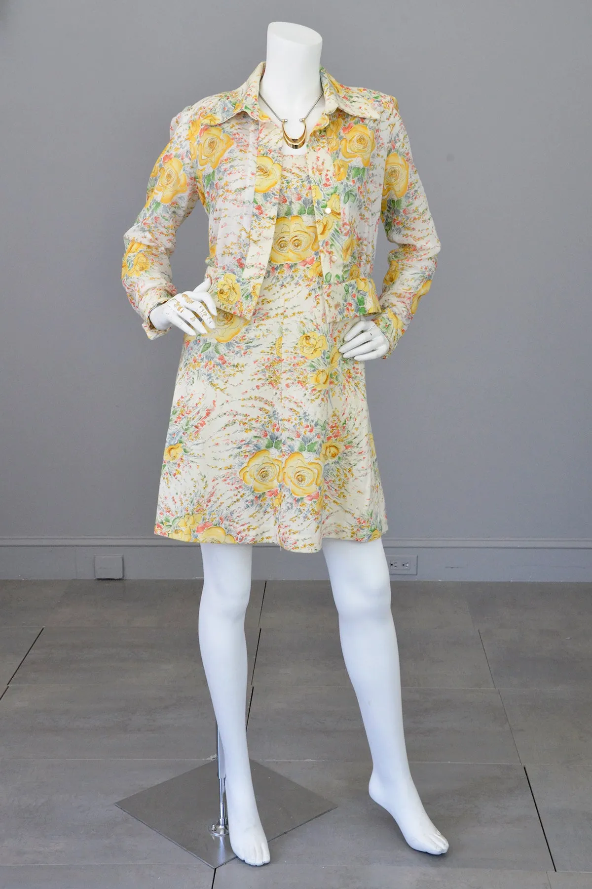 1970s Rose Print A-Line Jumper Dress and Matching Cropped Jacket