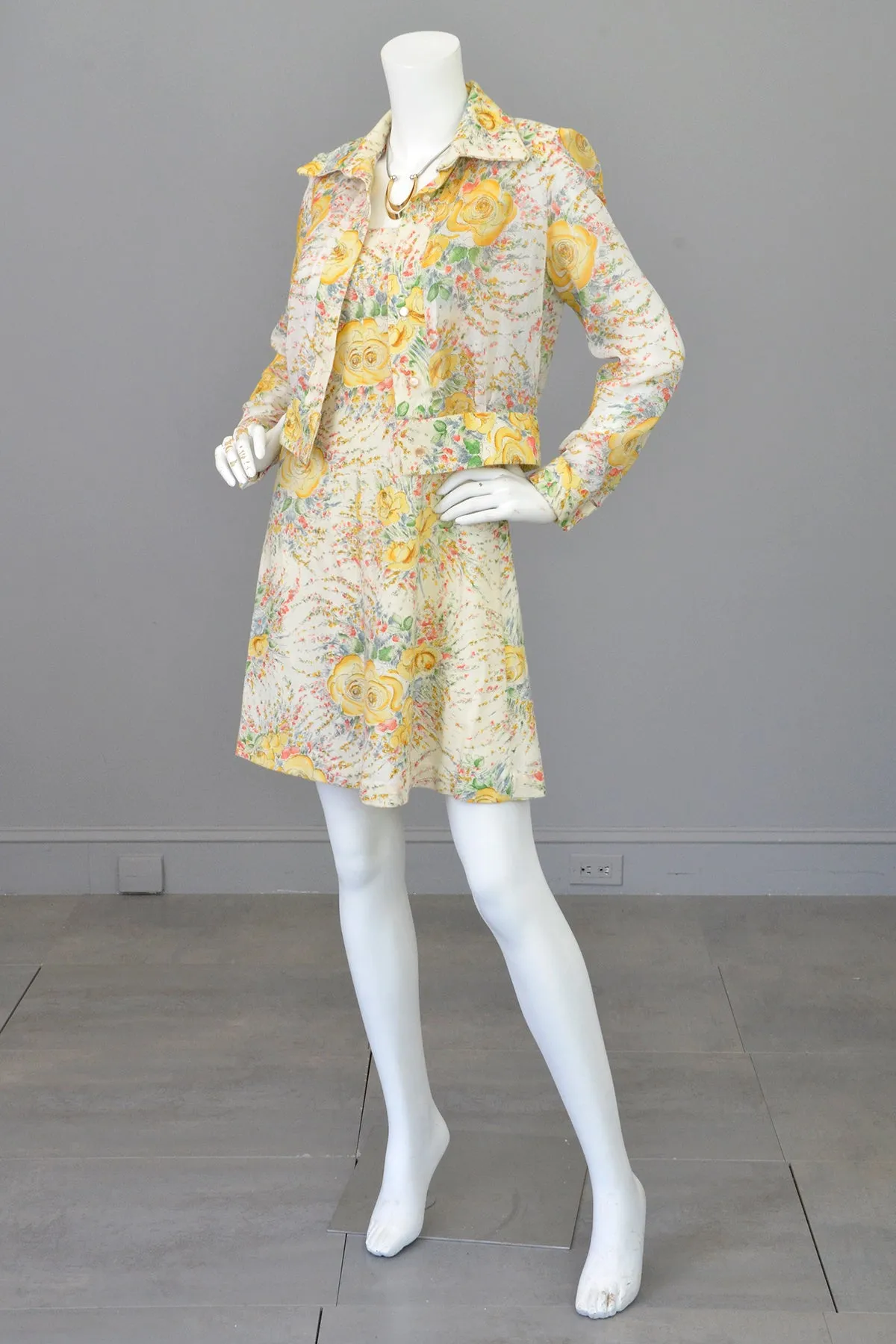 1970s Rose Print A-Line Jumper Dress and Matching Cropped Jacket