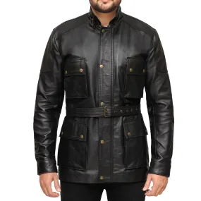 3/4 Length Black Leather Jacket Coat for men