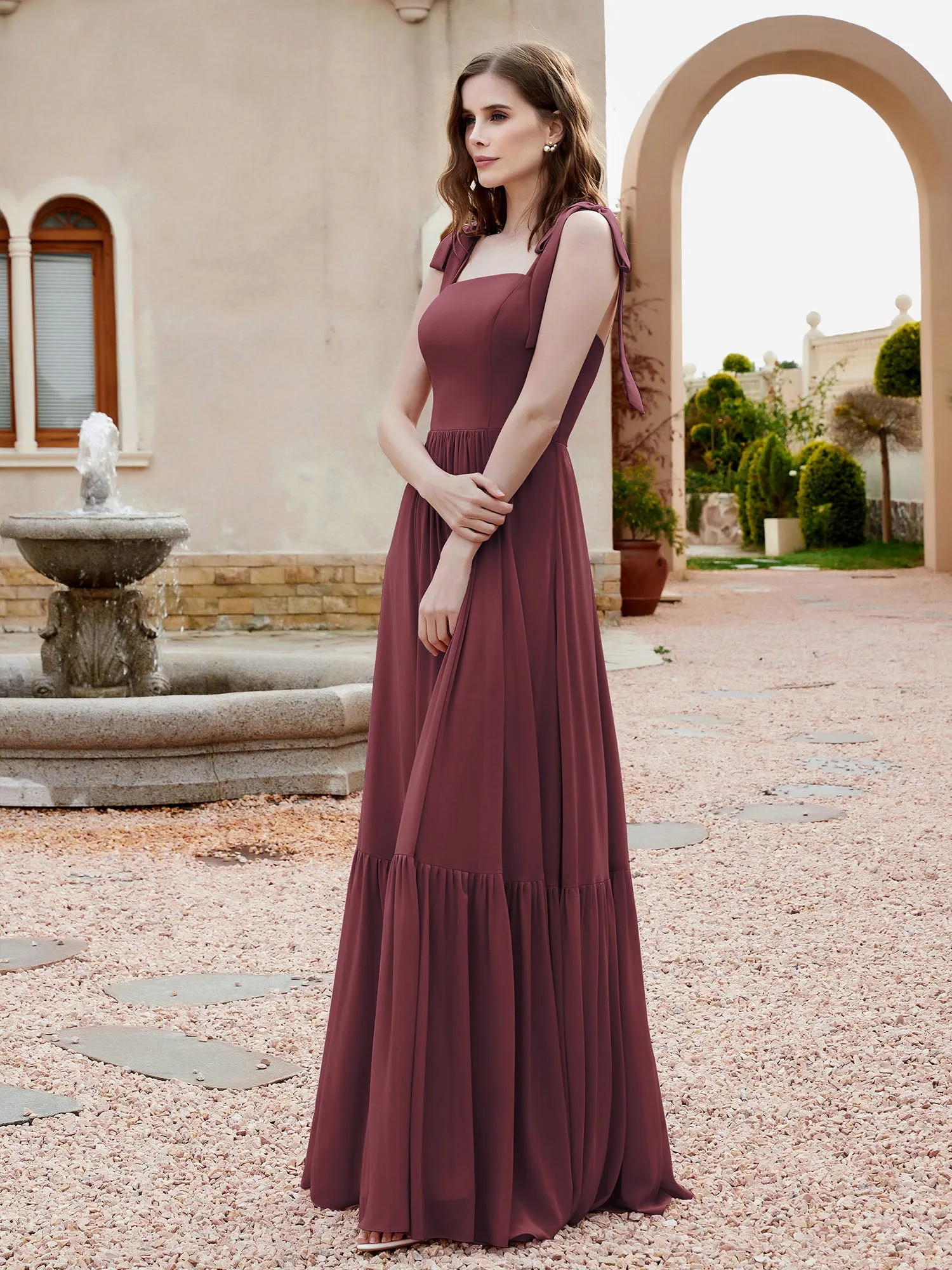 A-Line Bow Ruffle Sleeveless Chiffon Dress Mulberry Plus Size