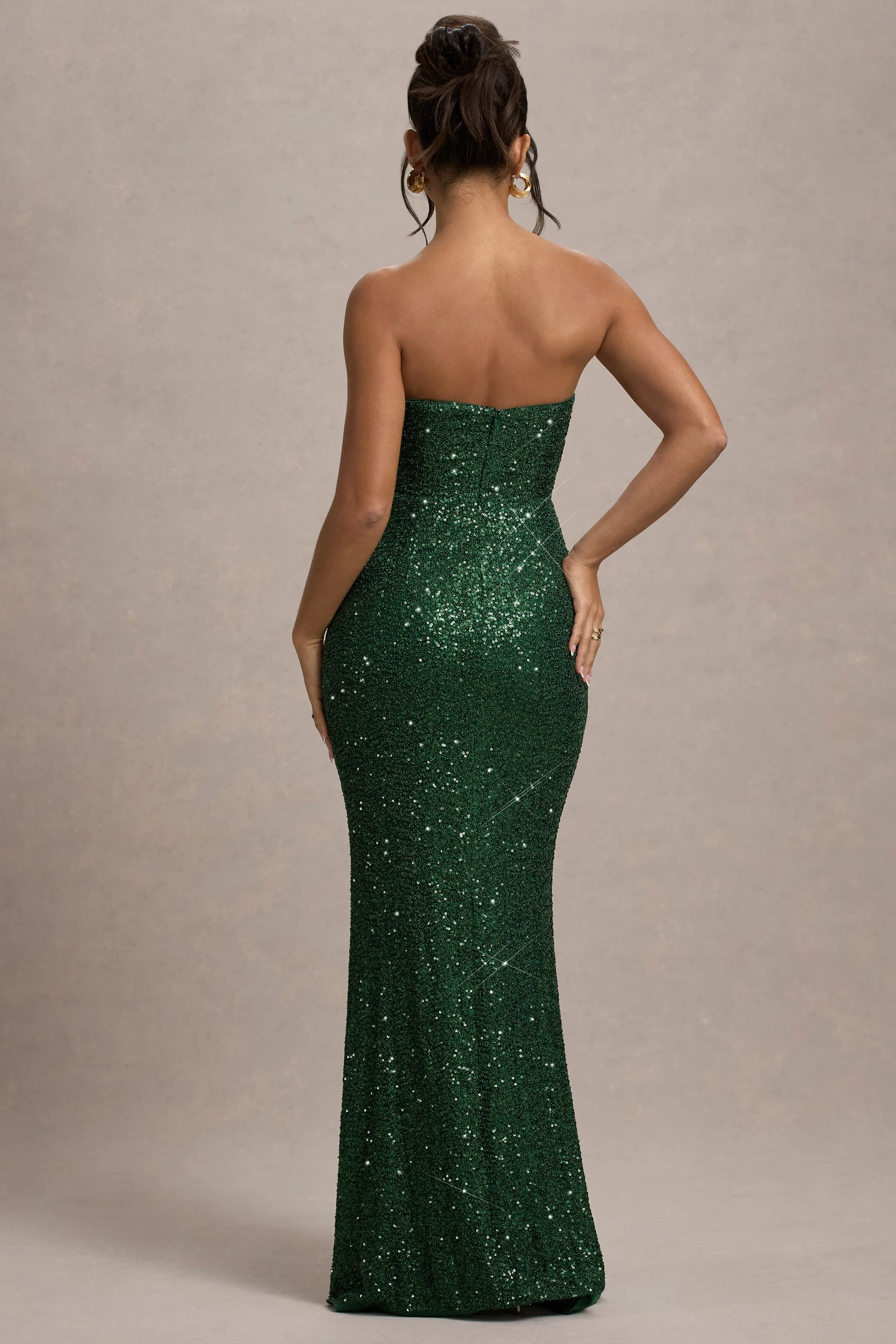 Adalee | Bottle Green Sequin Strapless Maxi Dress