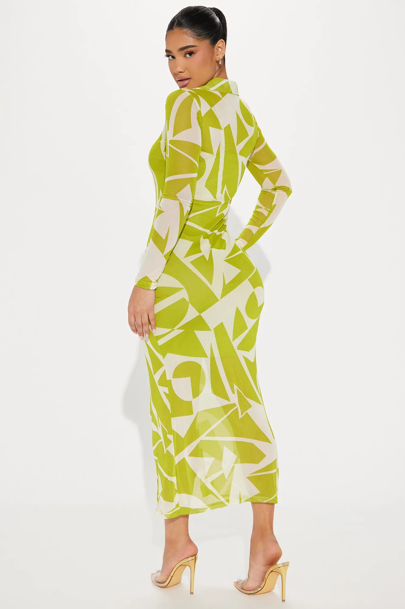 Alia Geometric Mesh Maxi Dress - Green/combo