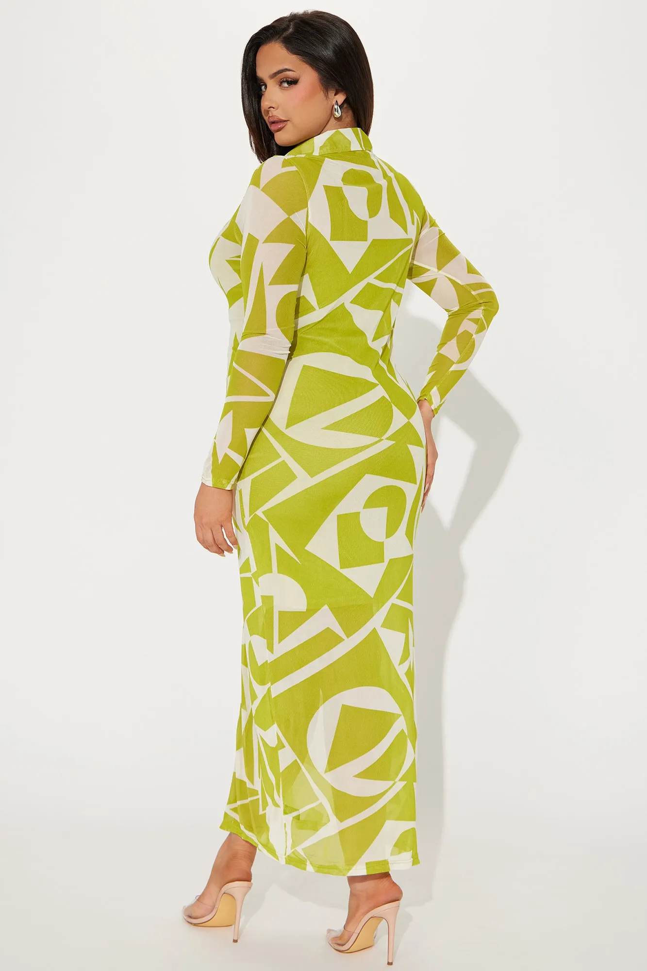 Alia Geometric Mesh Maxi Dress - Green/combo