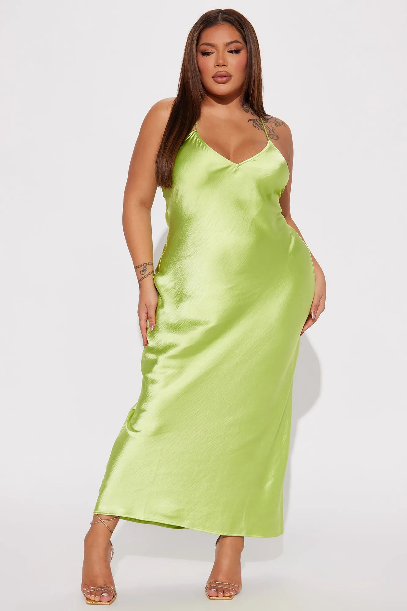 Alisha Satin Maxi Dress - Chartreuse