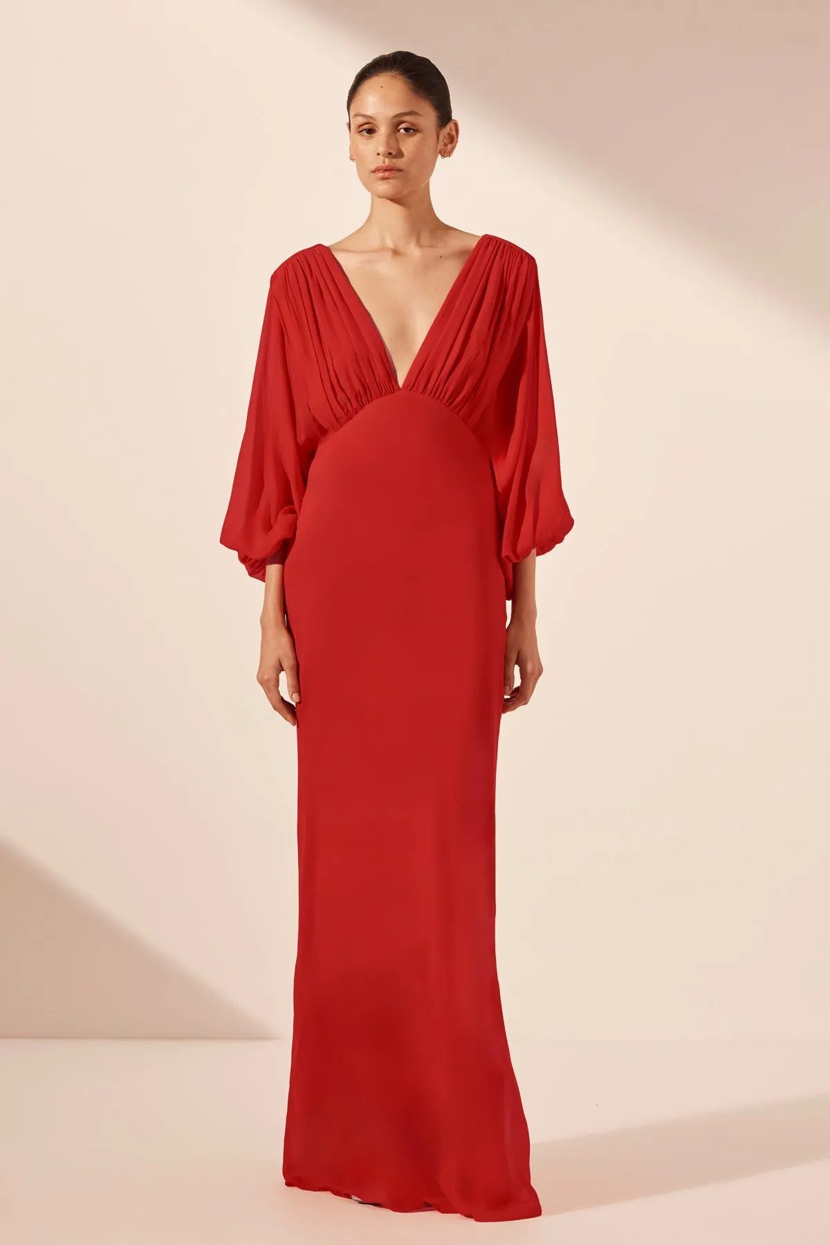 AMINA PLUNGE BALLOON SLEEVE MAXI DRESS - CHILLI