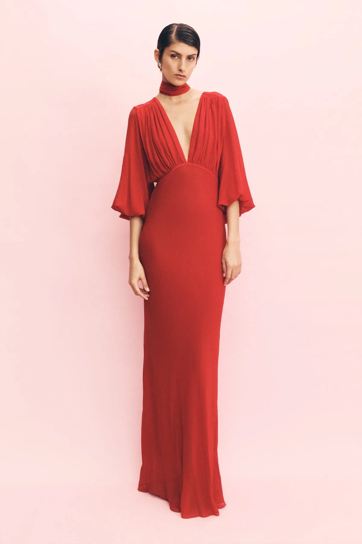 AMINA PLUNGE BALLOON SLEEVE MAXI DRESS - CHILLI