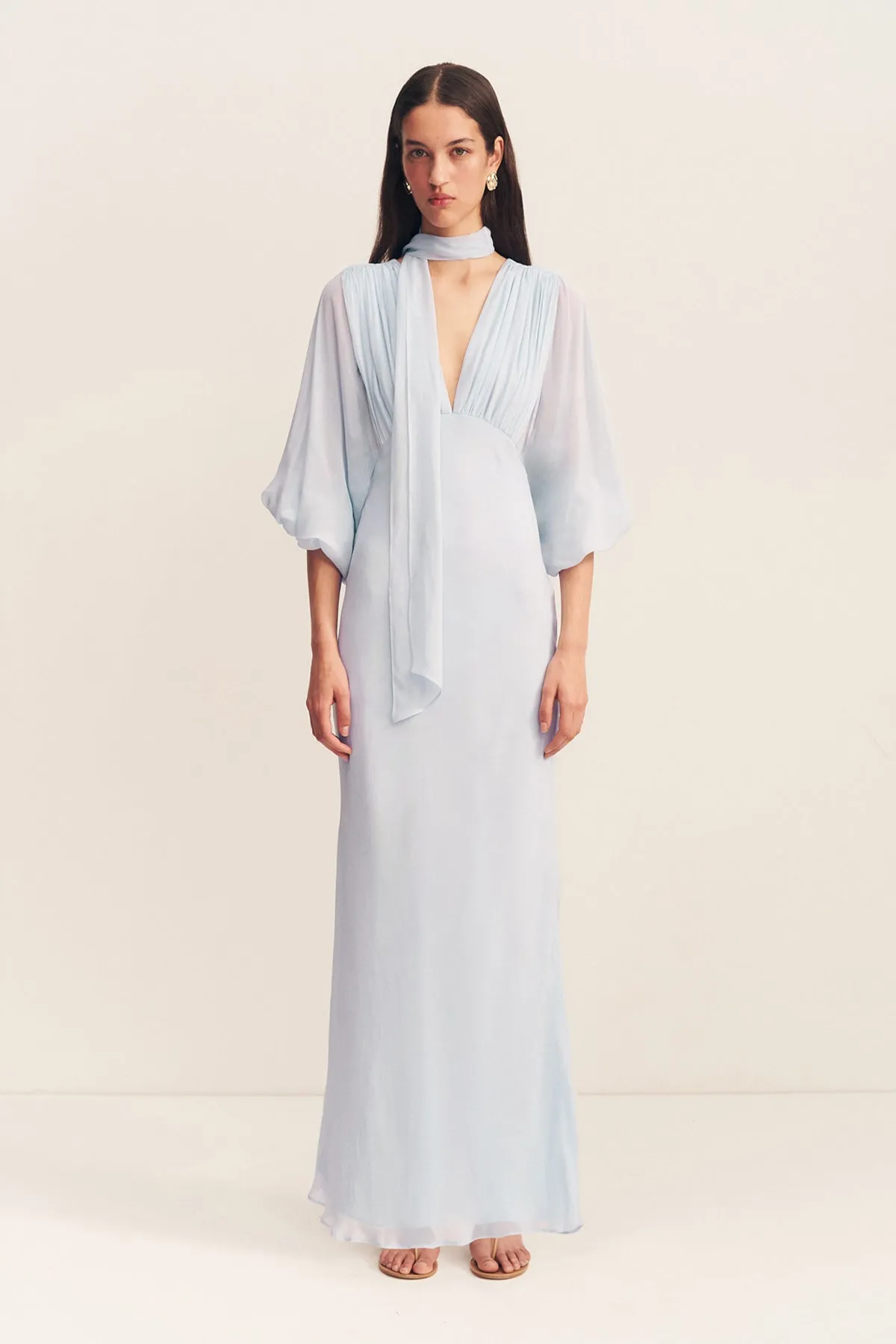 AMINA PLUNGE BALLOON SLEEVE MAXI DRESS - SKY