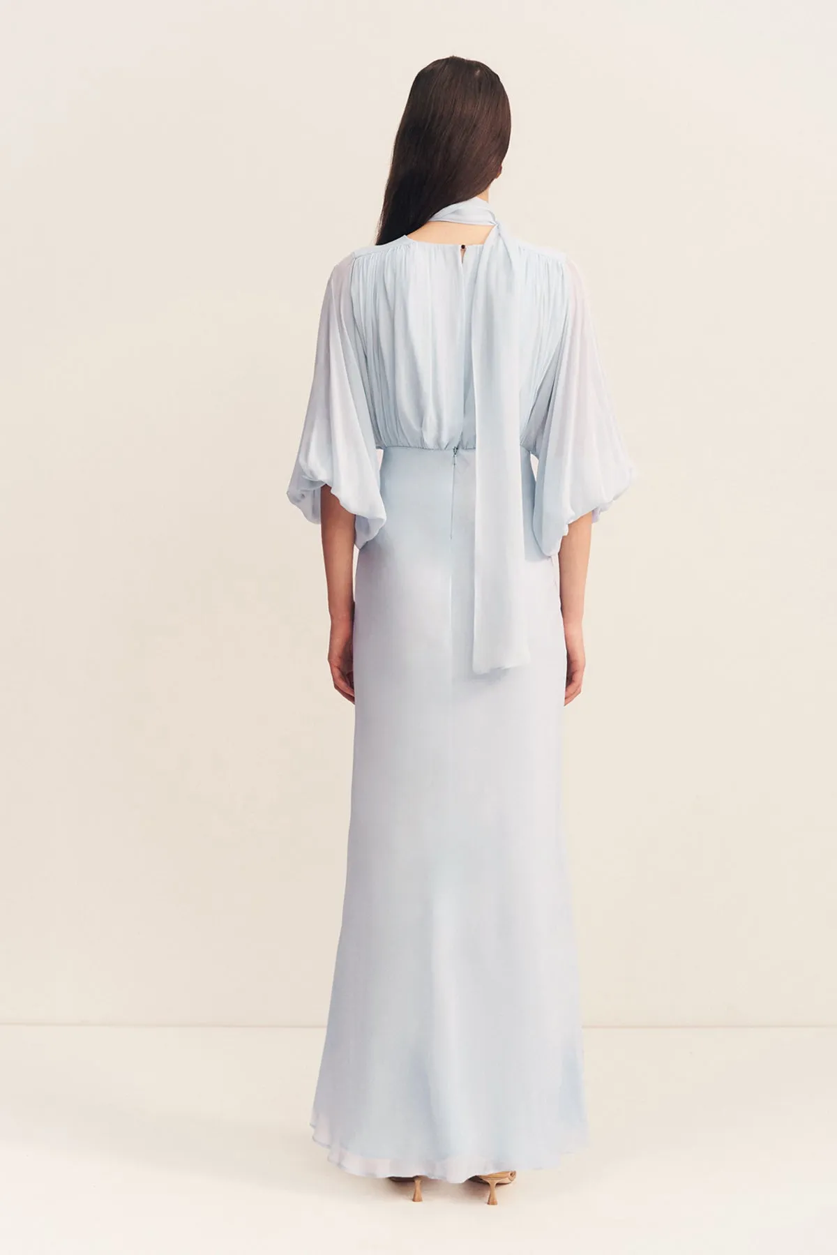 AMINA PLUNGE BALLOON SLEEVE MAXI DRESS - SKY