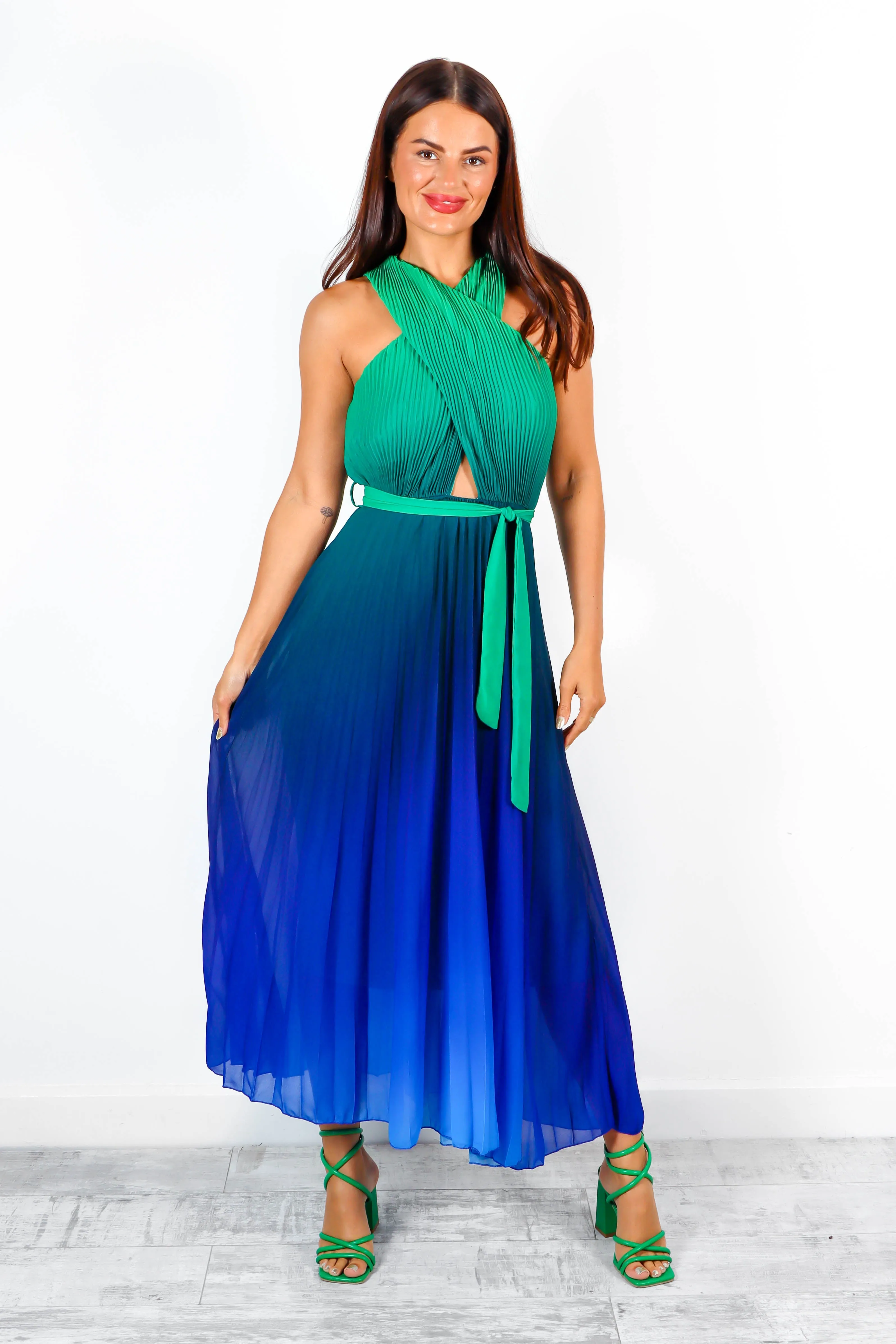 Artemis - Green Blue Ombre Pleated Maxi Dress