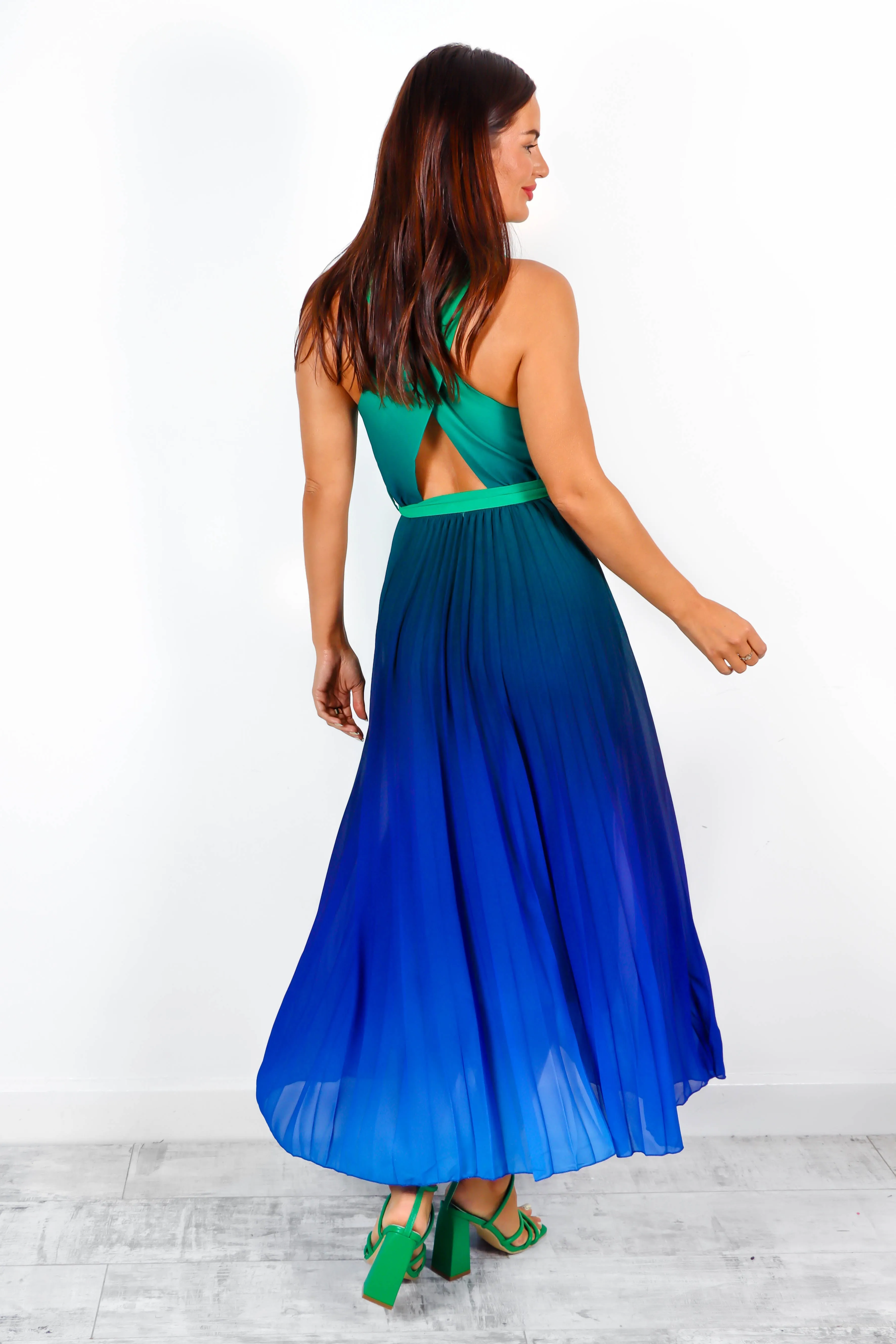 Artemis - Green Blue Ombre Pleated Maxi Dress