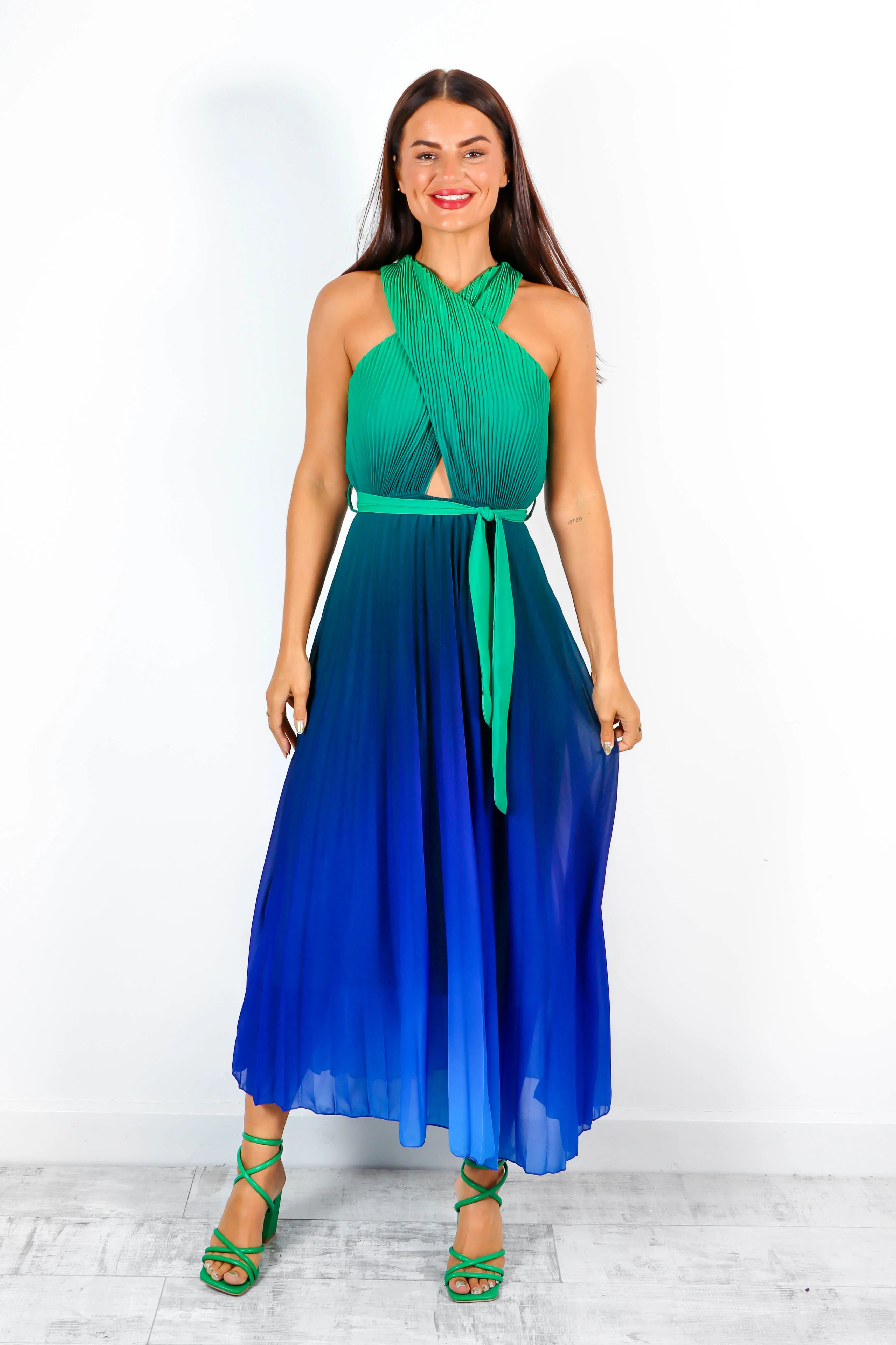 Artemis - Green Blue Ombre Pleated Maxi Dress