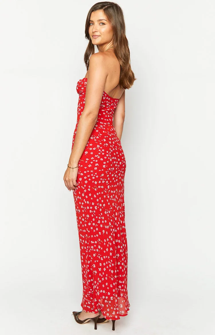 Ashley Red Floral Formal Maxi Dress