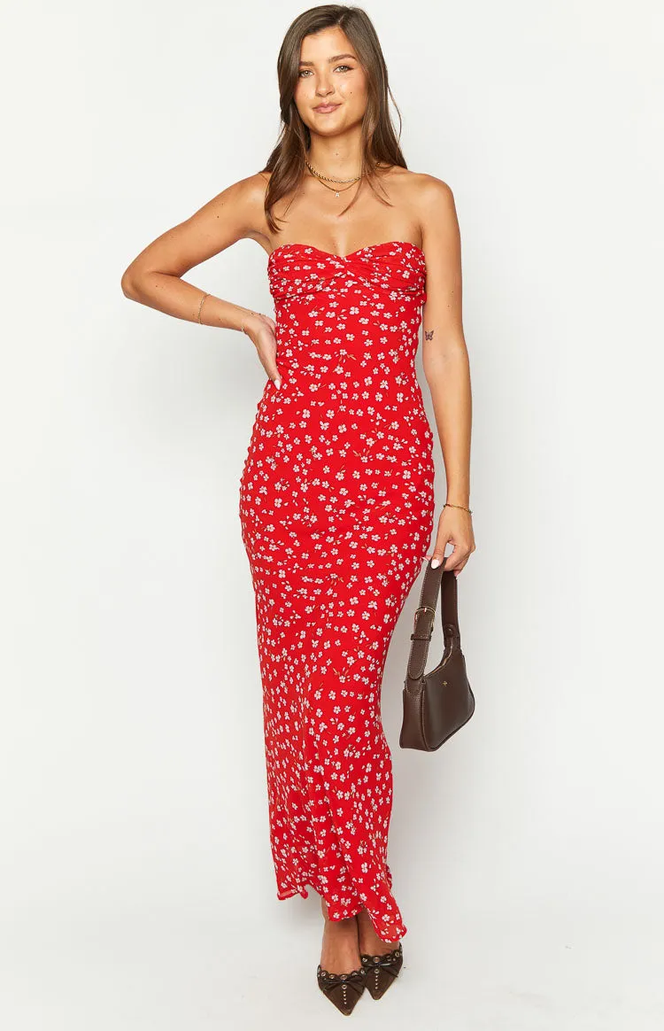 Ashley Red Floral Formal Maxi Dress