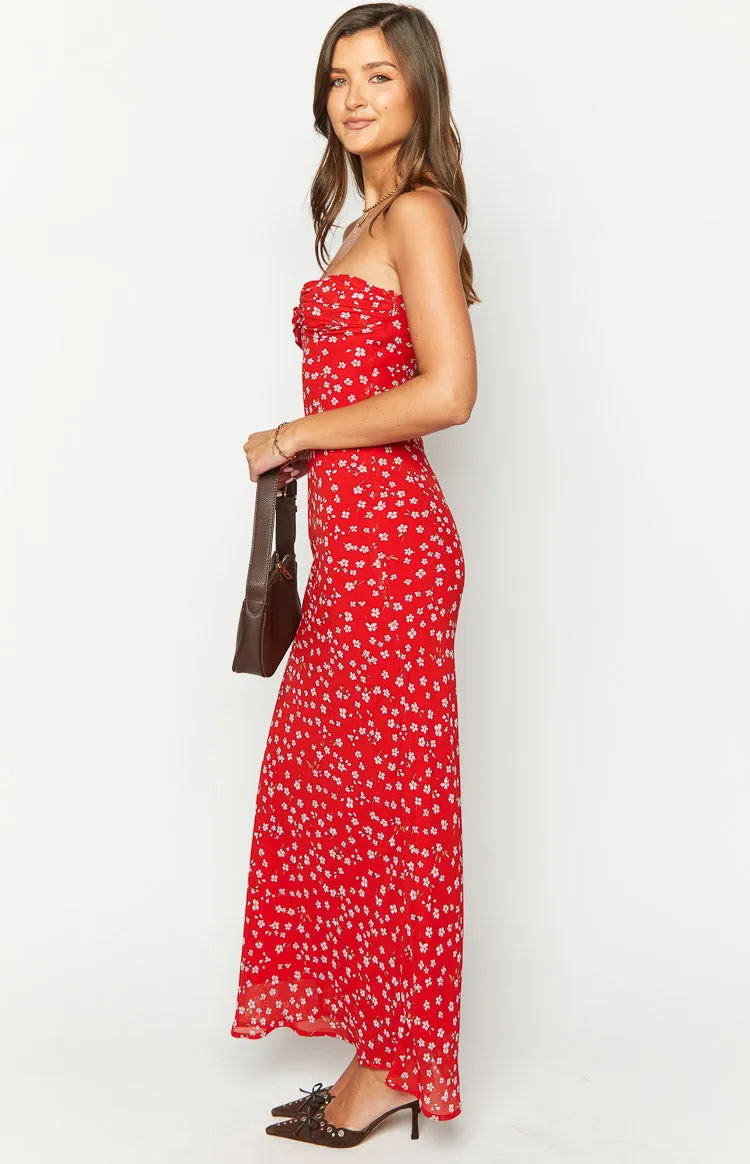 Ashley Red Floral Formal Maxi Dress