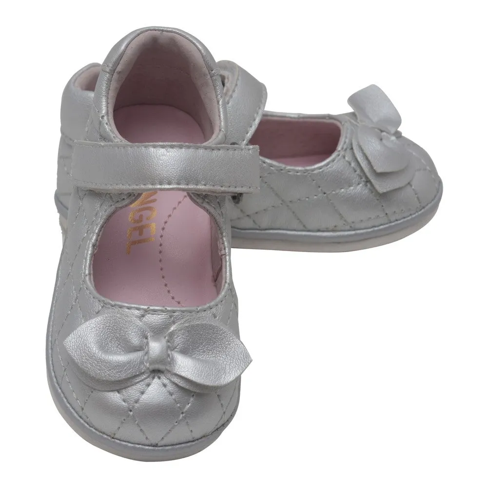 Baby Girls Silver Quilted Strap Bow Mary Jane Shoes 1-3 Baby