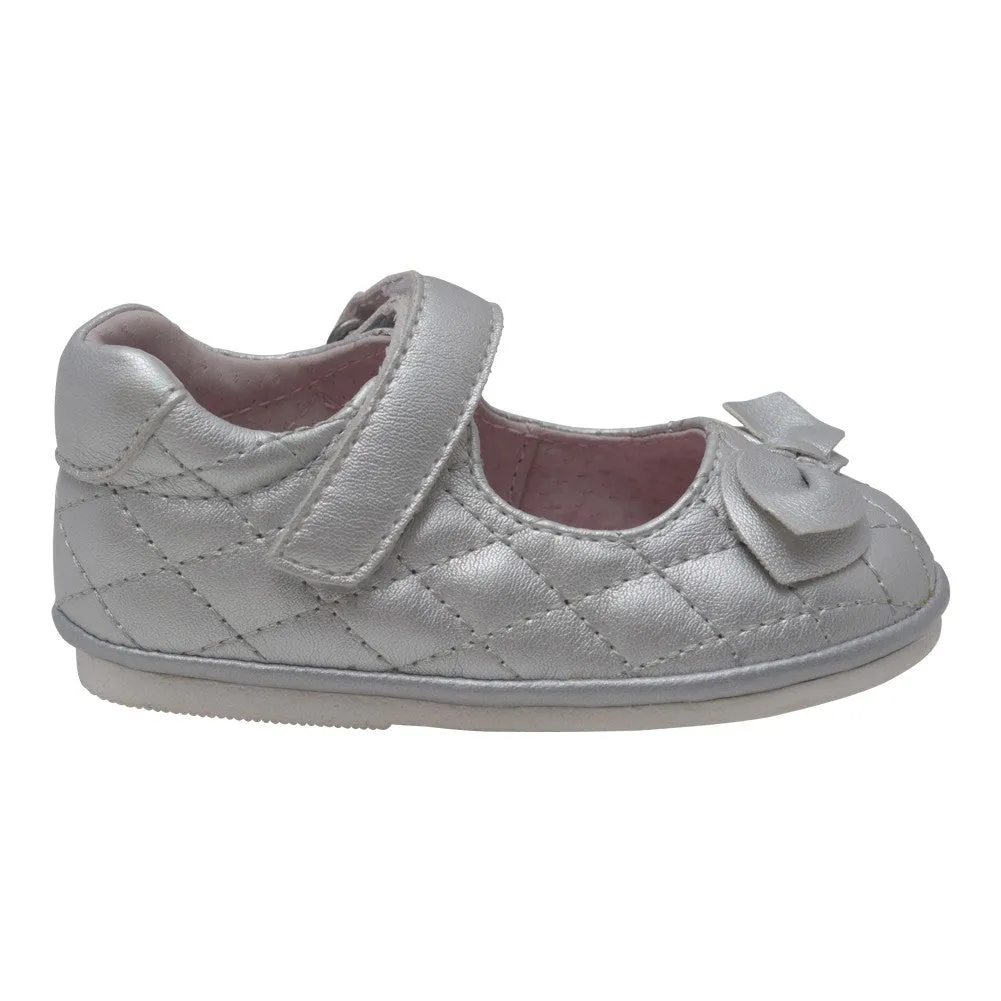 Baby Girls Silver Quilted Strap Bow Mary Jane Shoes 1-3 Baby