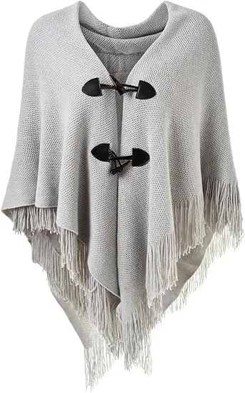 Beige Knit Fringe Winter Poncho