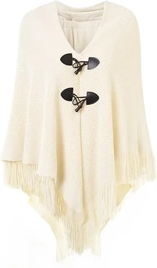 Beige Knit Fringe Winter Poncho