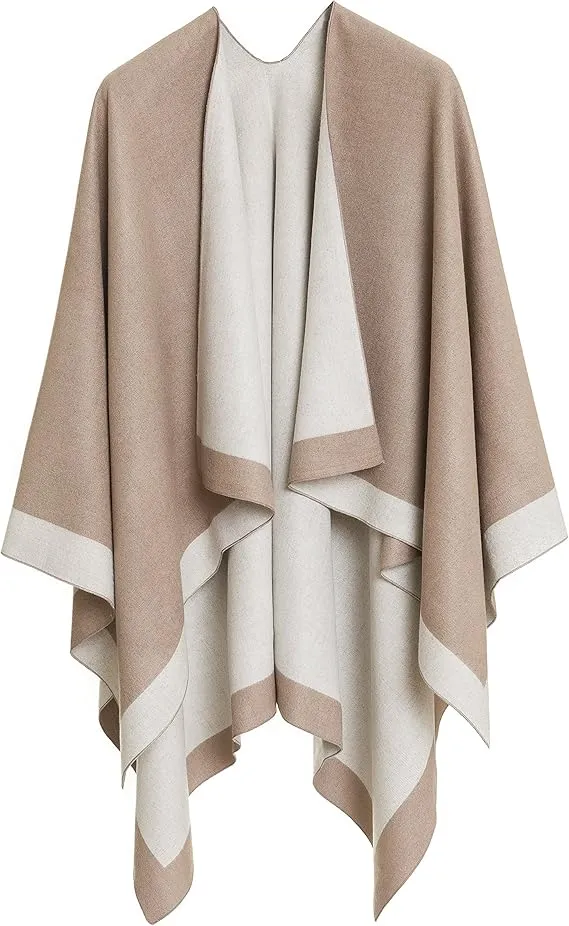 Beige-White Luxurious Knit Sweater Poncho Cardigan